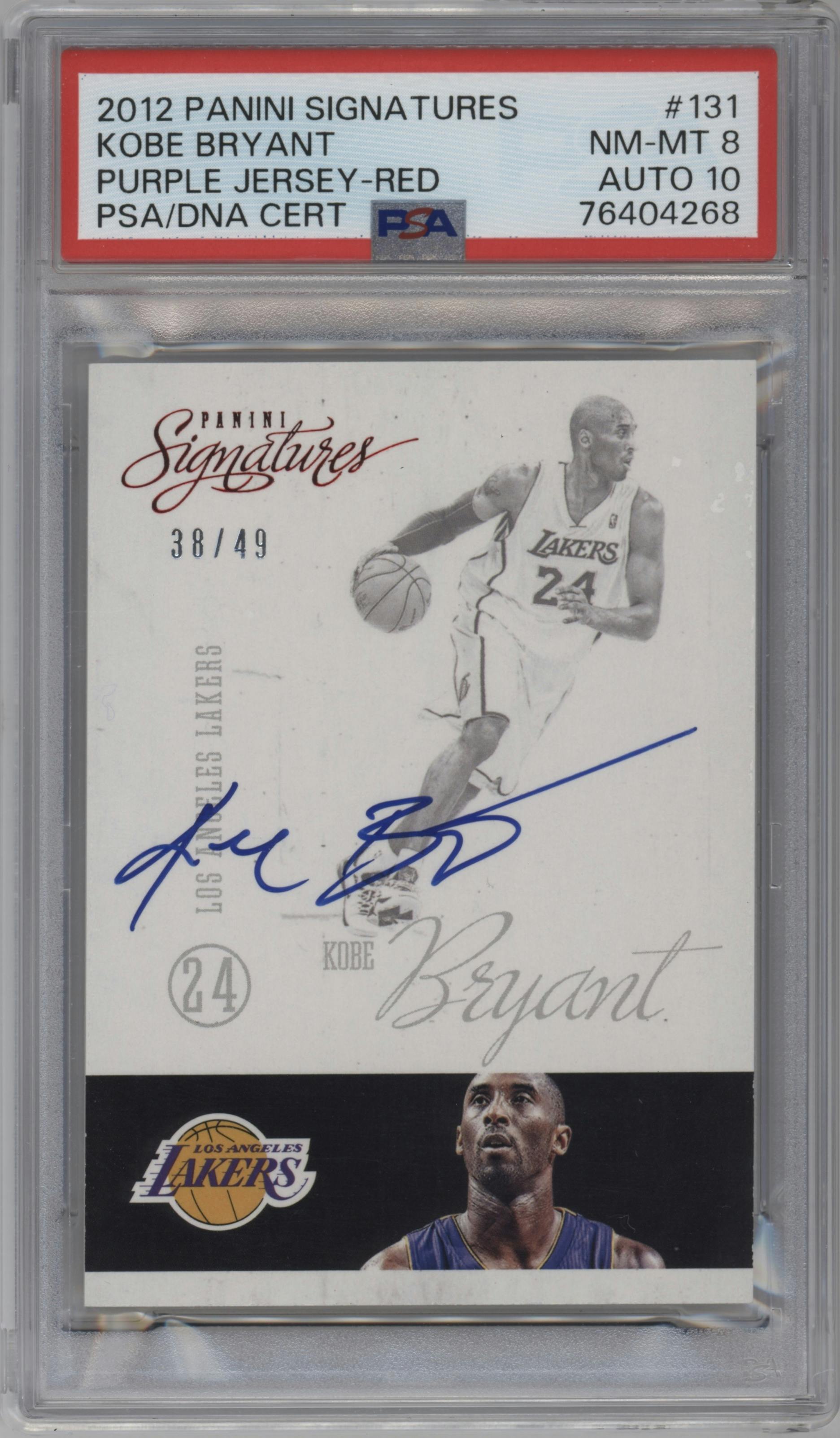 Kobe Bryant from the 2012-13 Panini Signatures set featuring a Red parallel graded by PSA and given an overall grade of 8.