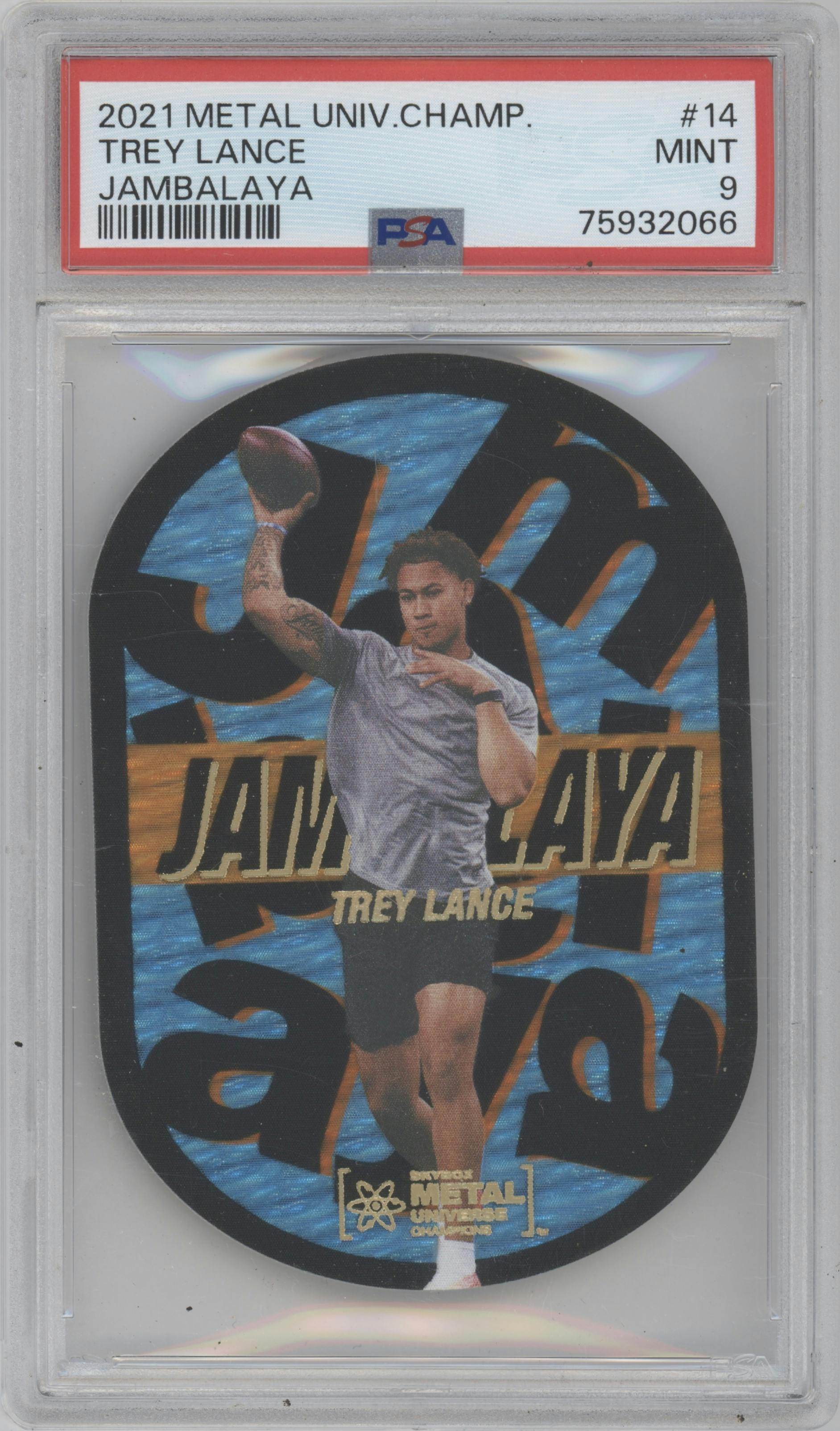 Trey Lance from the 2021 Skybox Metal Universe Champions set graded by PSA and given an overall grade of 9.