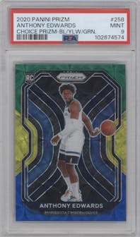 Anthony Edwards from the 2020-21 Panini Prizm set featuring a Choice Blue/Yellow/Green parallel graded by PSA and given an overall grade of 9.