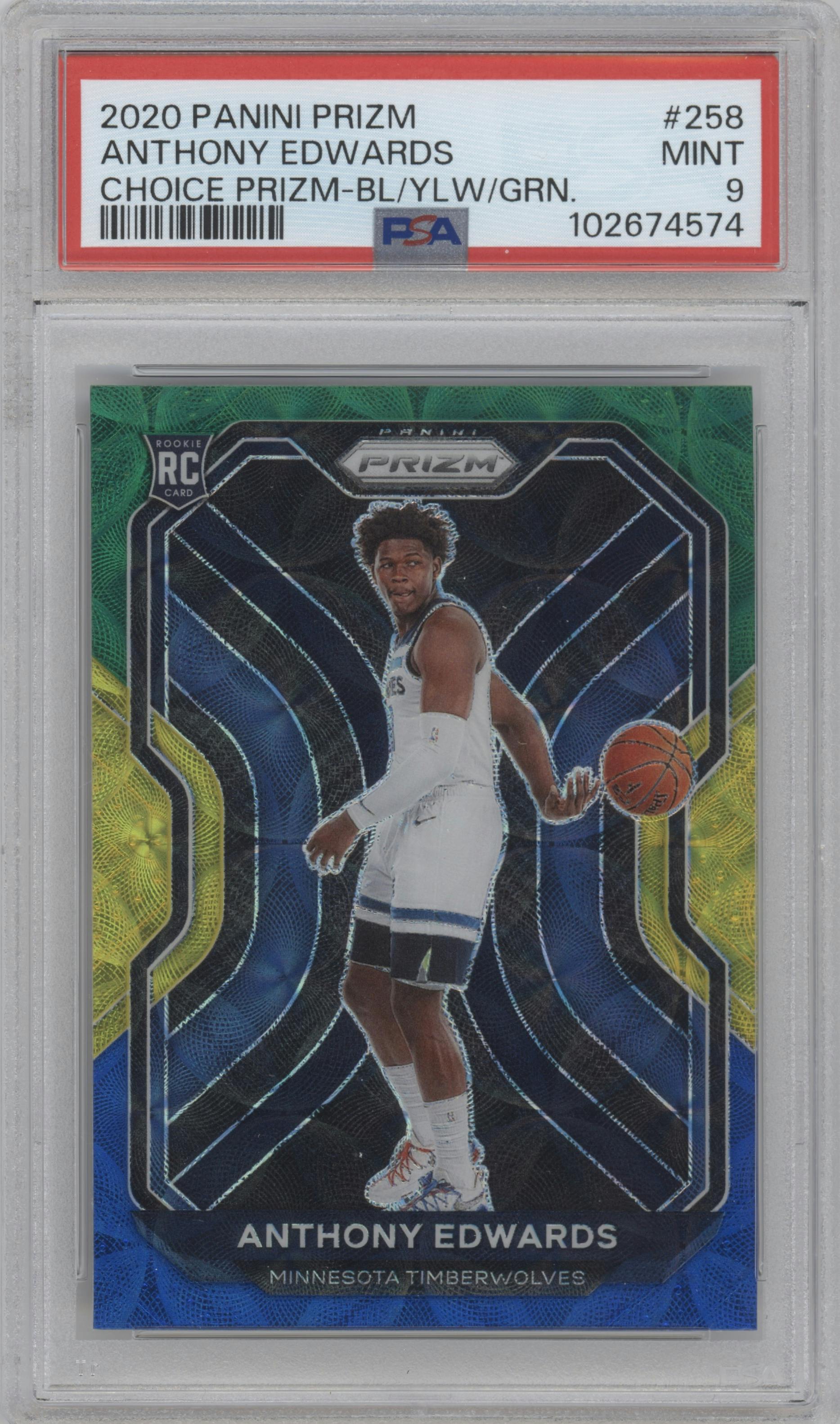 Anthony Edwards from the 2020-21 Panini Prizm set featuring a Choice Blue/Yellow/Green parallel graded by PSA and given an overall grade of 9.
