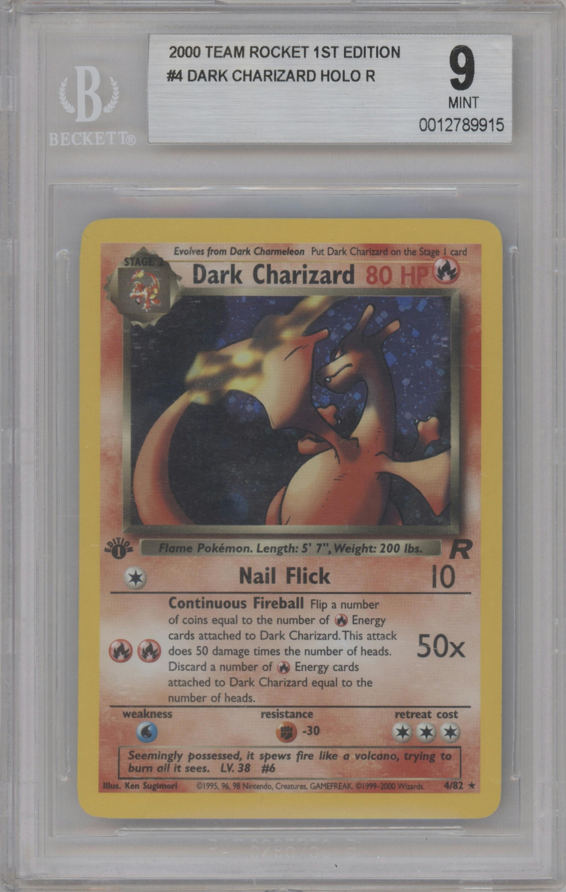 Dark Charizard from the 2000 Pokemon set graded by Beckett and given an overall grade of 9.
