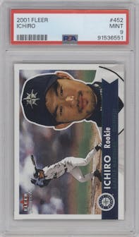 Ichiro from the 2001 Fleer Tradition set graded by PSA and given an overall grade of 9.