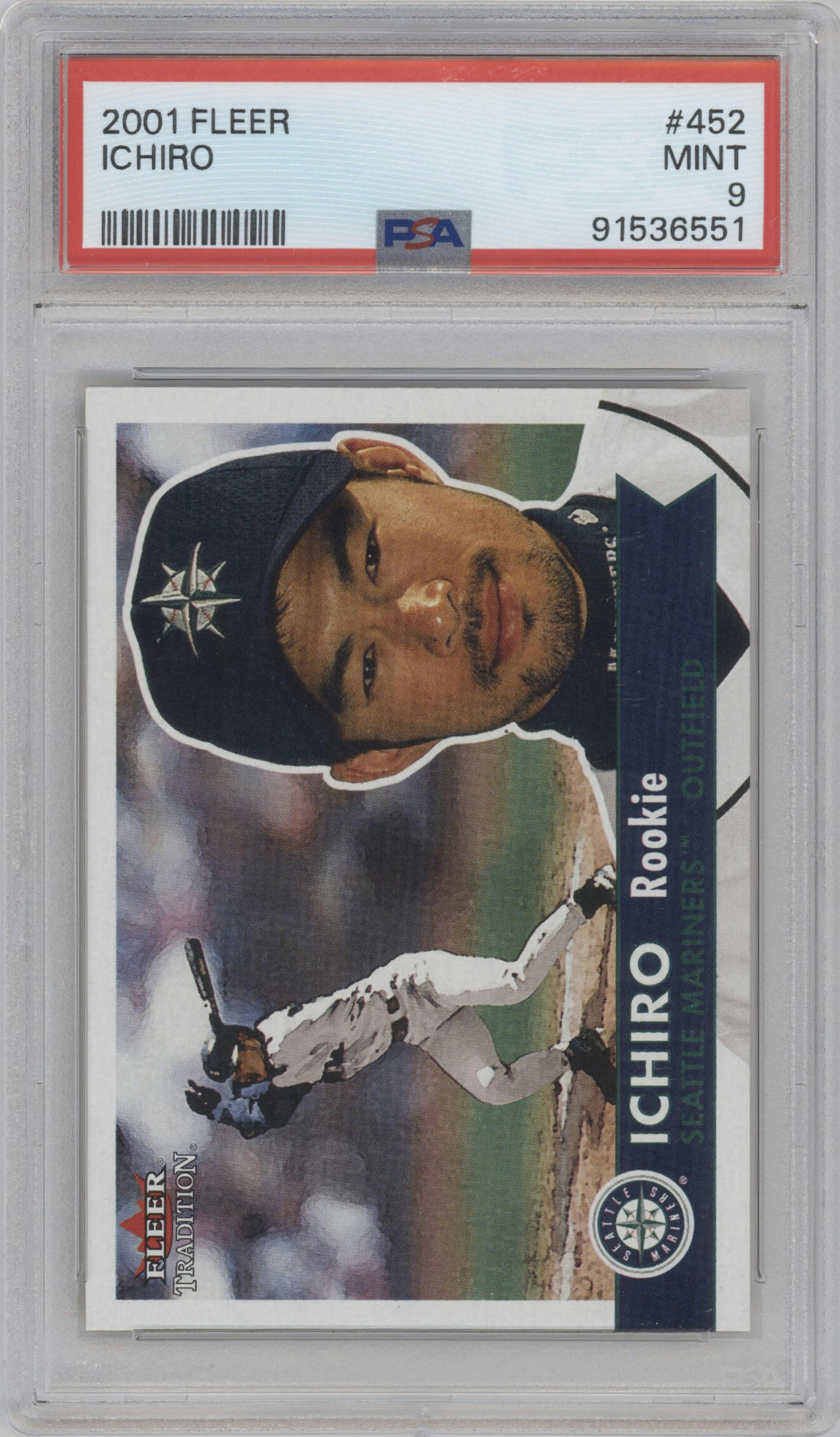 Ichiro from the 2001 Fleer Tradition set graded by PSA and given an overall grade of 9.