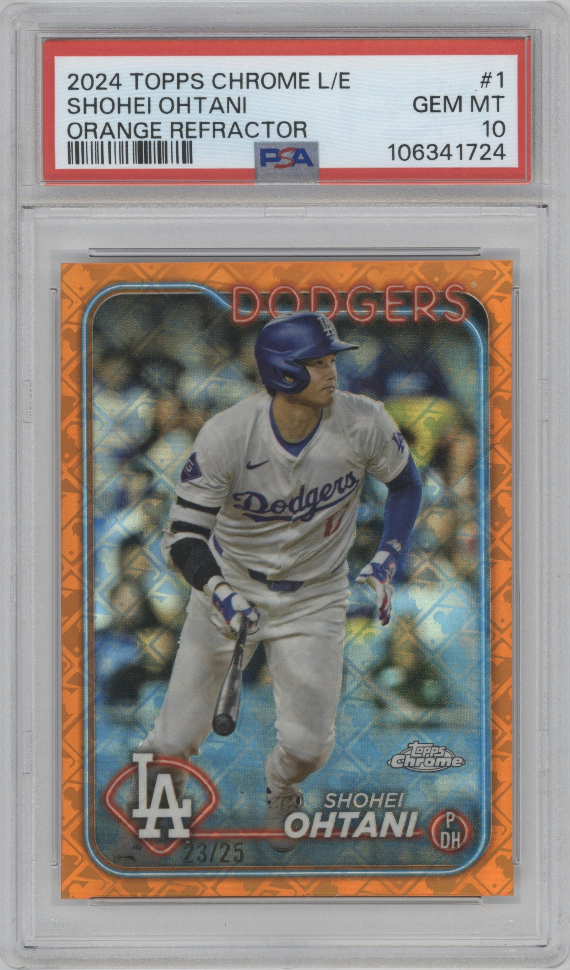 Shohei Ohtani from the 2024 Topps Chrome Logofractor set featuring a Orange Refractor parallel graded by PSA and given an overall grade of 10.