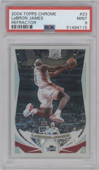 LeBron James from the 2004-05 Topps Chrome set featuring a Refractor parallel graded by PSA and given an overall grade of 9.