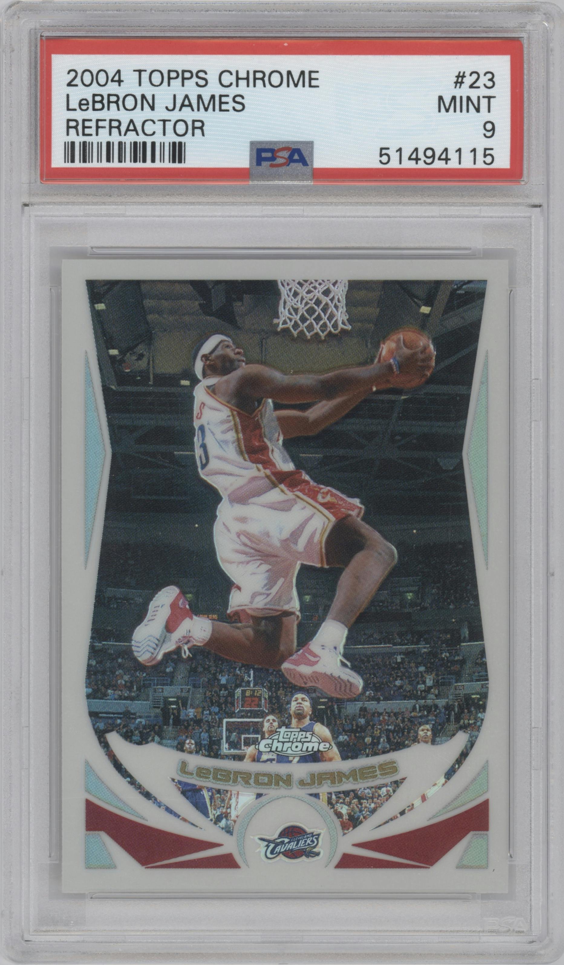 LeBron James from the 2004-05 Topps Chrome set featuring a Refractor parallel graded by PSA and given an overall grade of 9.
