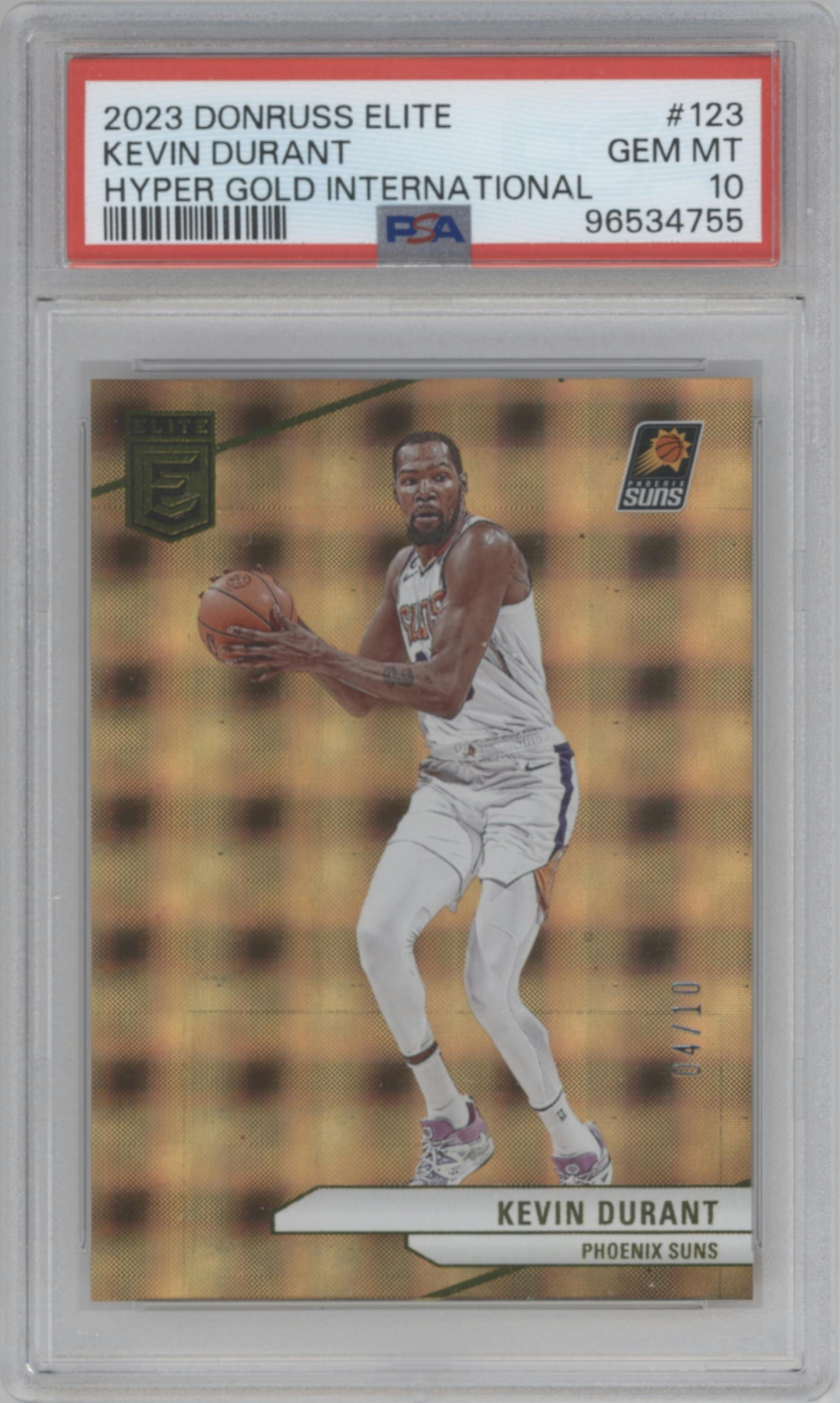 Kevin Durant from the 2023-24 Panini Donruss Elite set featuring a International Hyper Gold parallel graded by PSA and given an overall grade of 10.