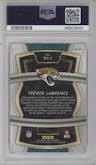 Trevor Lawrence from the 2021 Panini Select set featuring a Silver Prizm parallel graded by PSA and given an overall grade of 9.