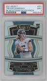 Trevor Lawrence from the 2021 Panini Select set featuring a Silver Prizm parallel graded by PSA and given an overall grade of 9.