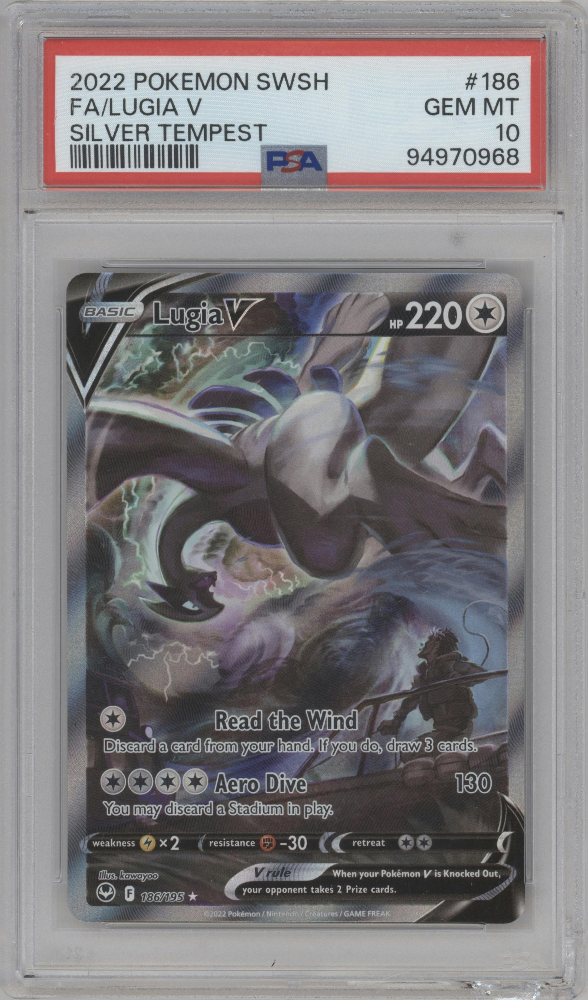 Lugia V from the 2022 Pokemon SWSH set graded by PSA and given an overall grade of 10.