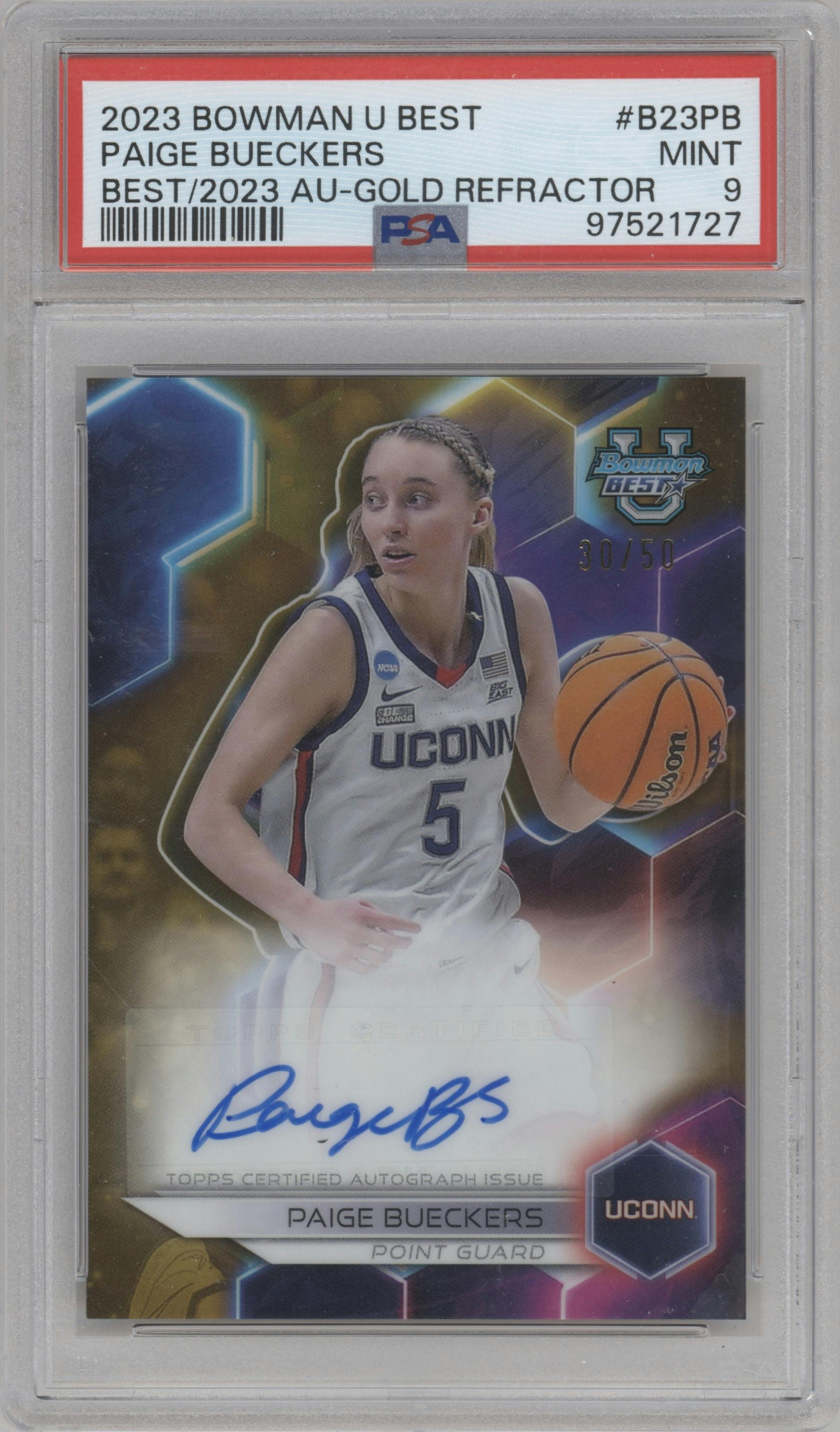 Paige Bueckers from the 2023-24 Bowman Best University set featuring a Gold Refractor parallel graded by PSA and given an overall grade of 9.