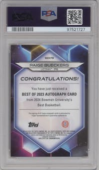 Paige Bueckers from the 2023-24 Bowman Best University set featuring a Gold Refractor parallel graded by PSA and given an overall grade of 9.