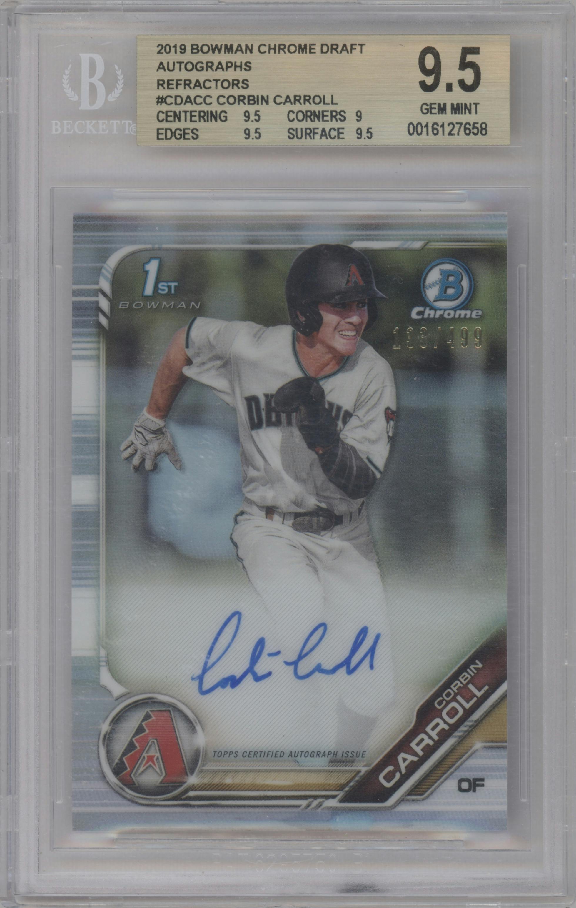 Corbin Carroll from the 2019 Bowman Draft set featuring a Refractor parallel graded by Beckett and given an overall grade of 9.5.