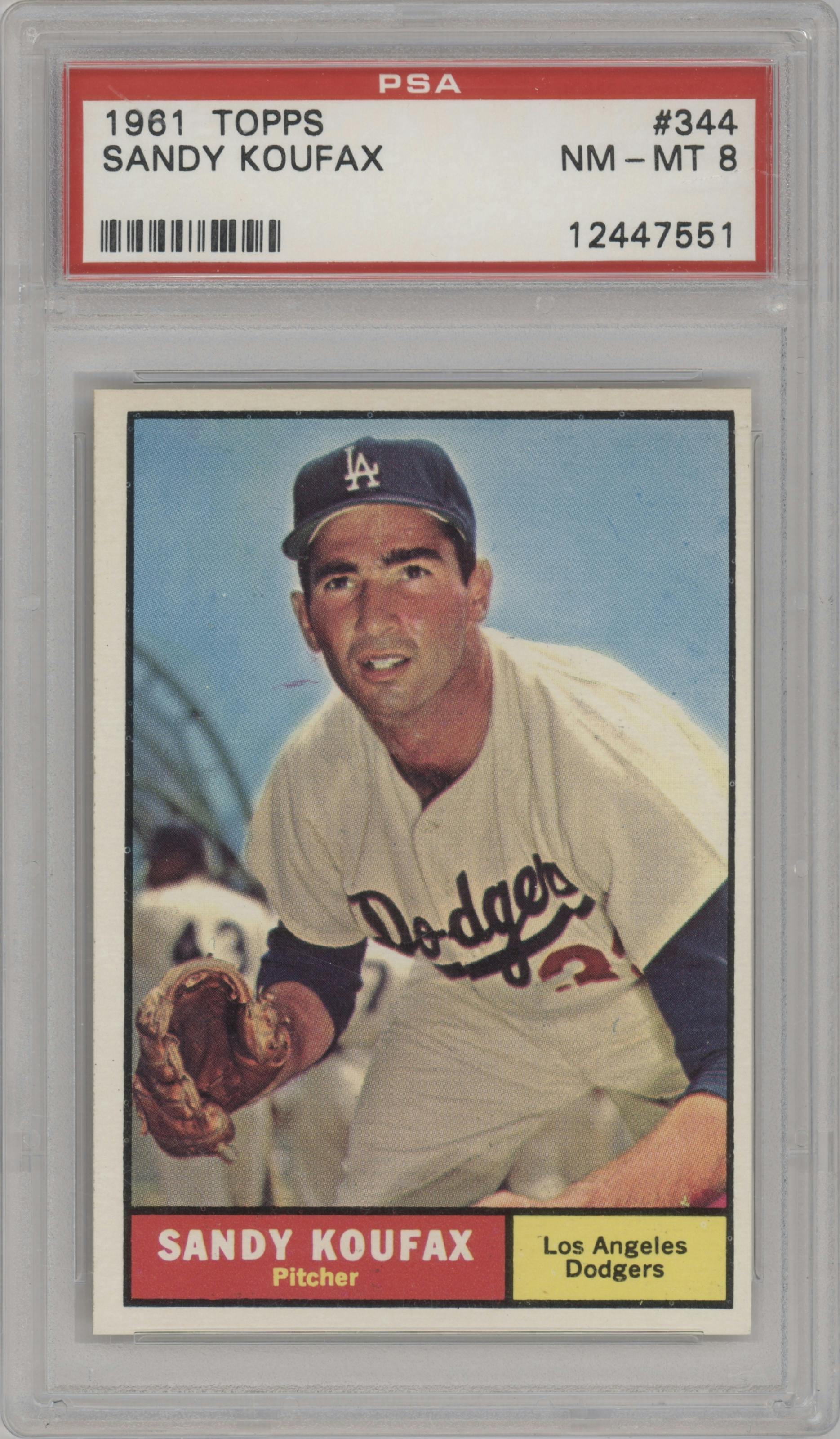 Sandy Koufax from the 1961 Topps set graded by PSA and given an overall grade of 8.