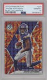Justin Jefferson from the 2020 Panini Mosaic set featuring a Reactive Orange parallel graded by PSA and given an overall grade of 10.
