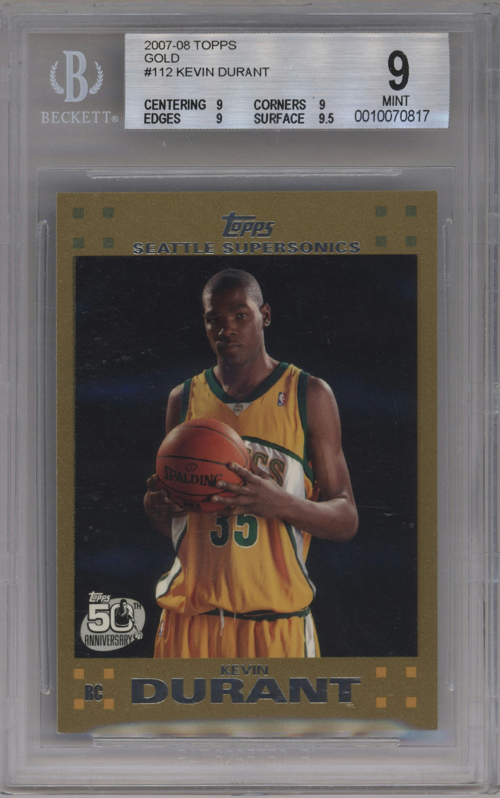 Kevin Durant from the 2007-08 Topps set featuring a Gold parallel graded by Beckett and given an overall grade of 9.