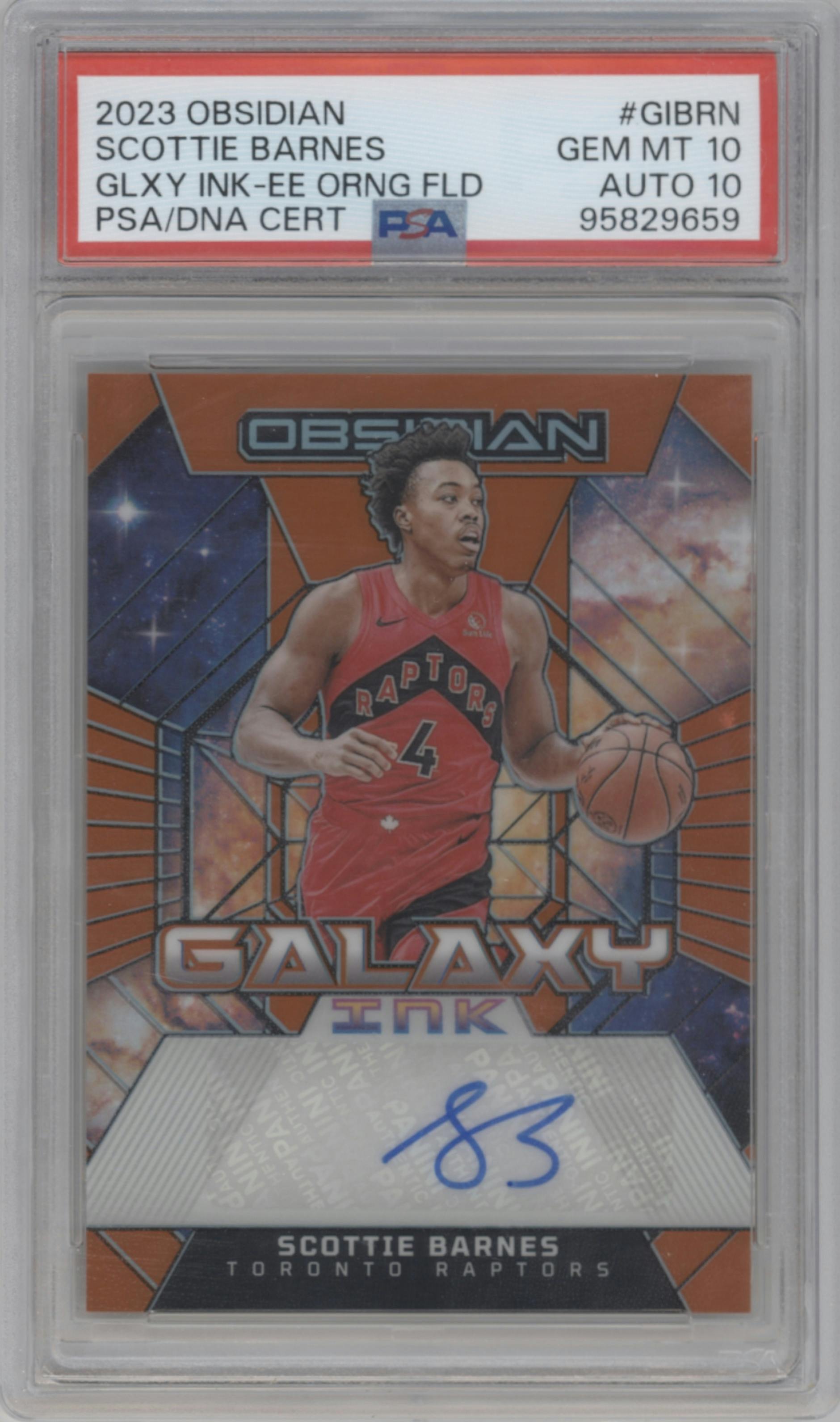 Scottie Barnes from the 2023-24 Panini Obsidian set featuring a Electric Etch Orange Flood parallel graded by PSA and given an overall grade of 10.