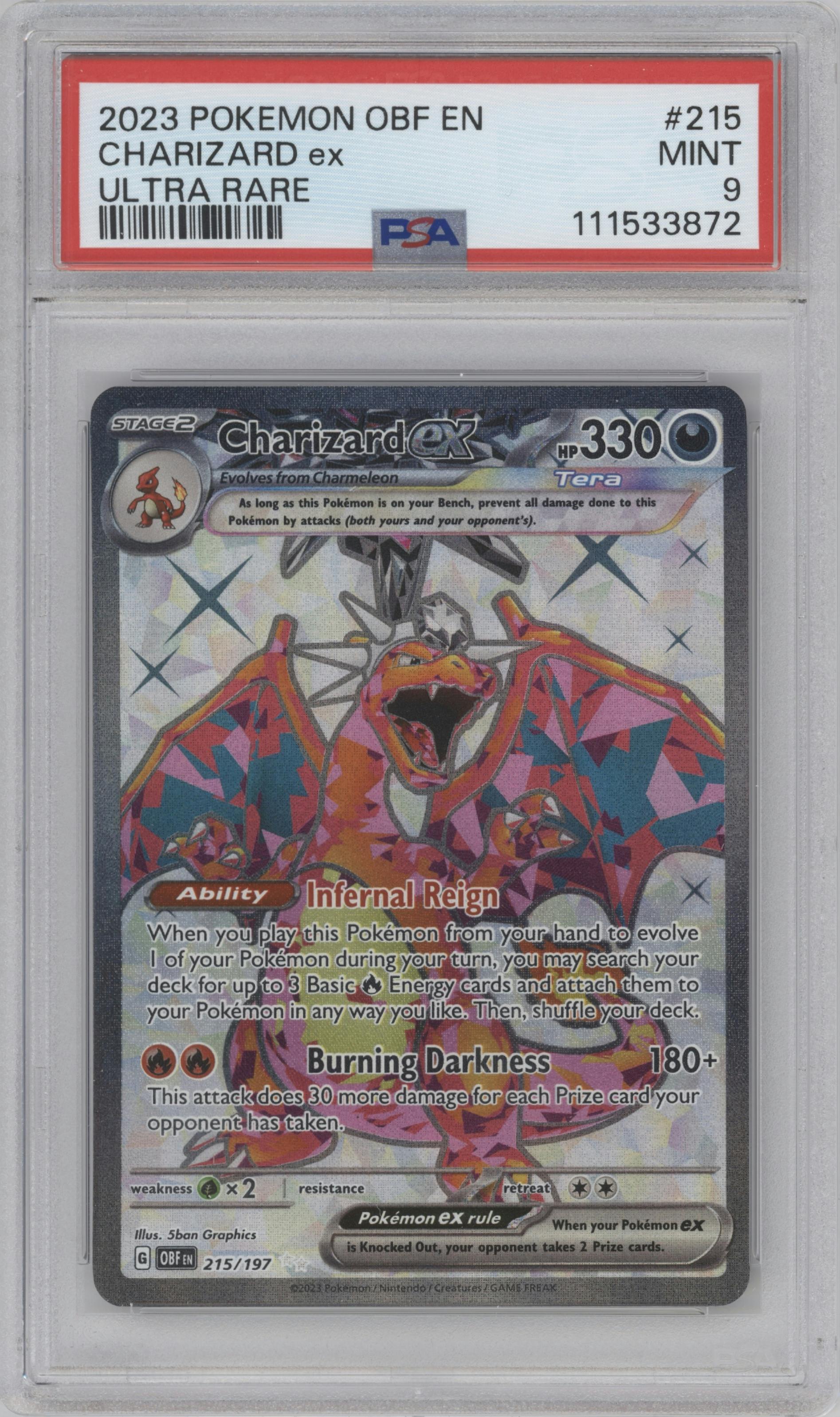 Charizard ex from the 2023 Pokemon SV set graded by PSA and given an overall grade of 9.