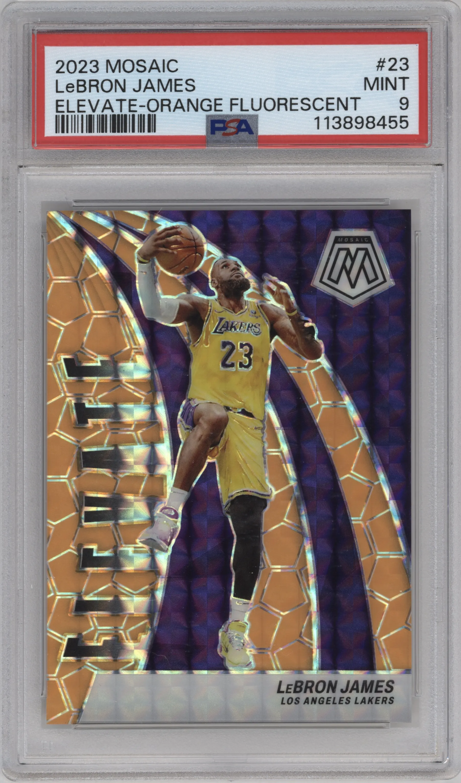 2023 Panini Mosaic Elevate LeBron James Orange Fluorescent #23 PSA 9