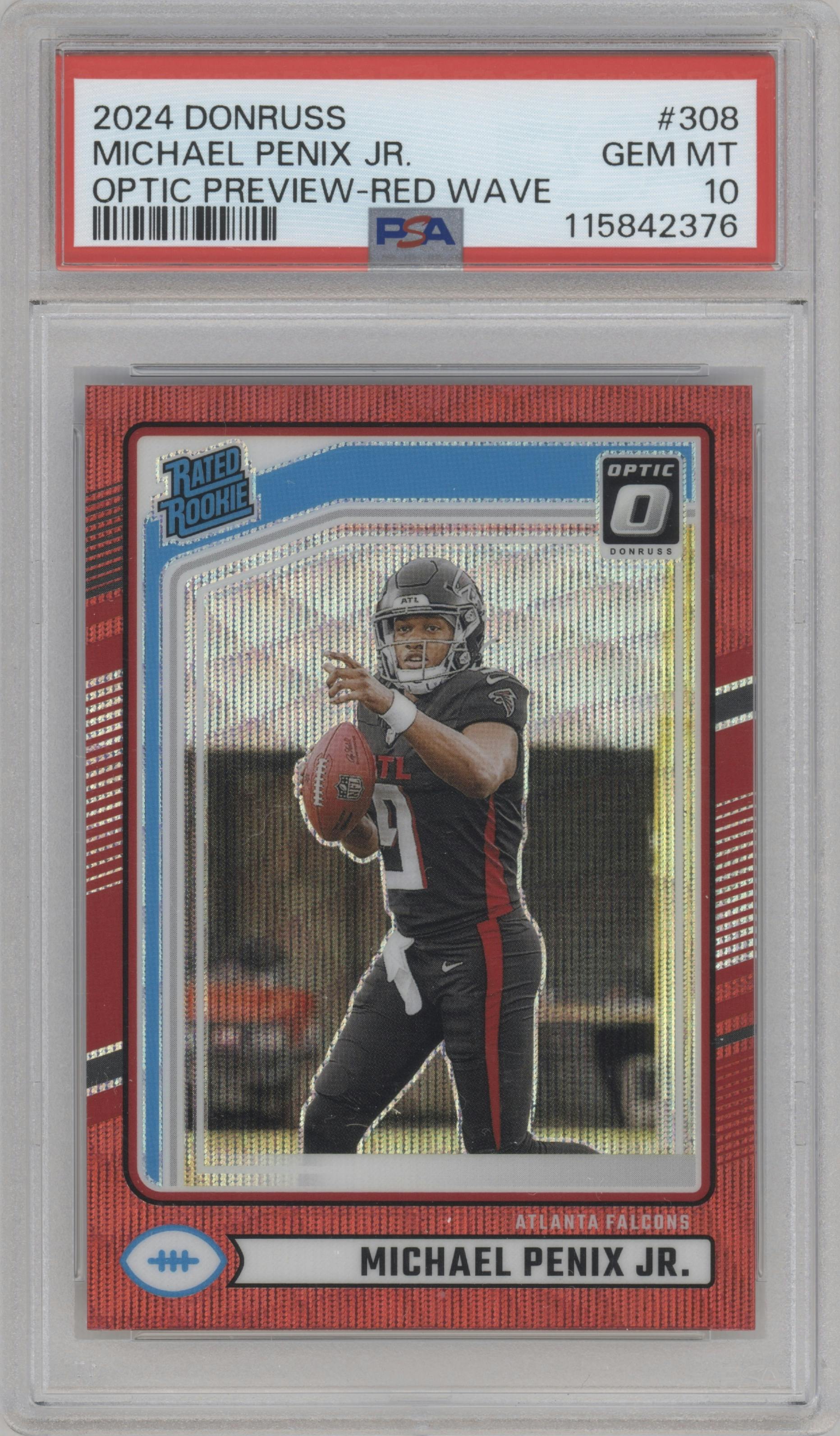Michael Penix Jr.  from the 2024 Donruss set featuring a Red Wave parallel graded by PSA and given an overall grade of 10.