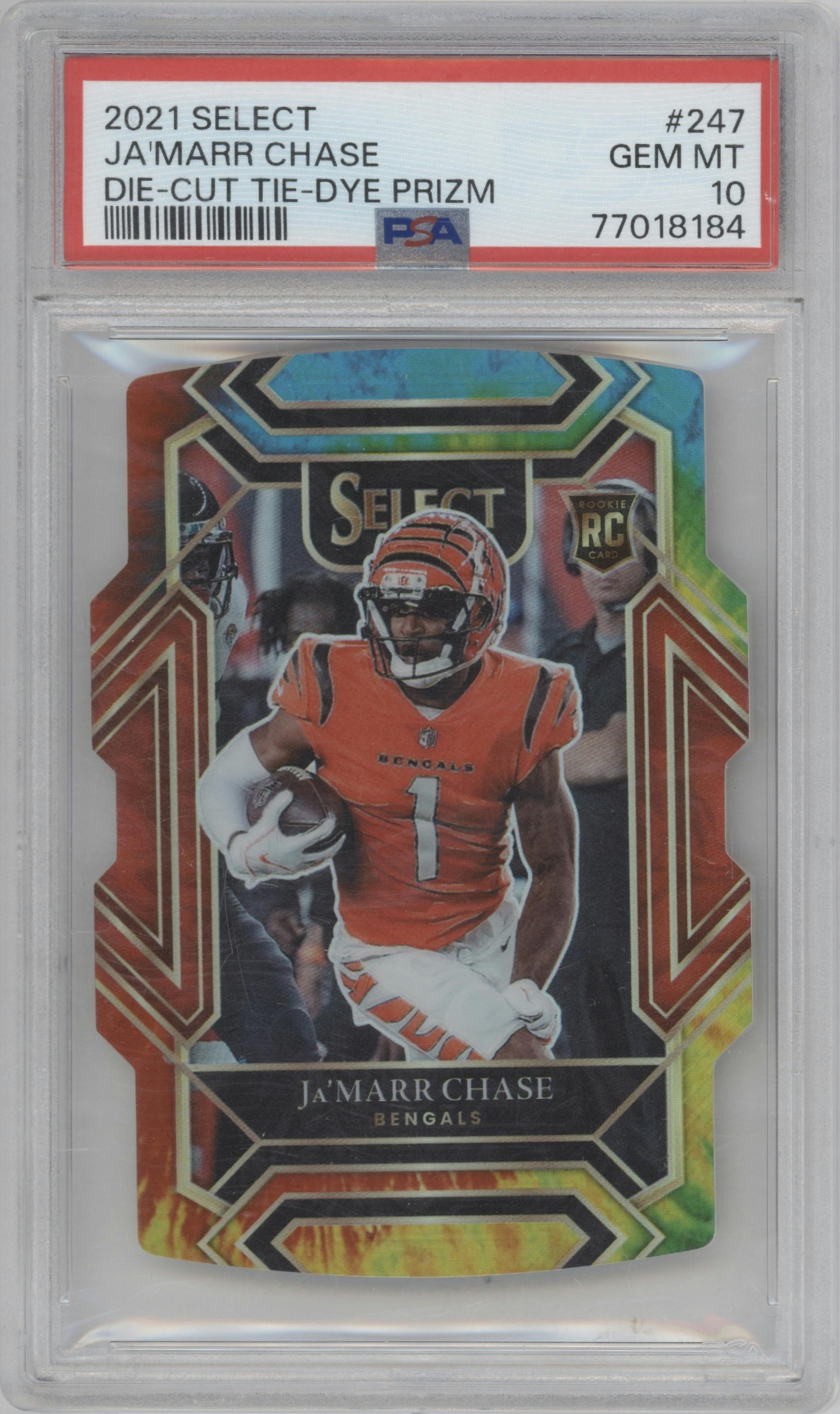 Ja'Marr Chase from the 2021 Panini Select set featuring a Die-Cut Tie-Dye parallel graded by PSA and given an overall grade of 10.