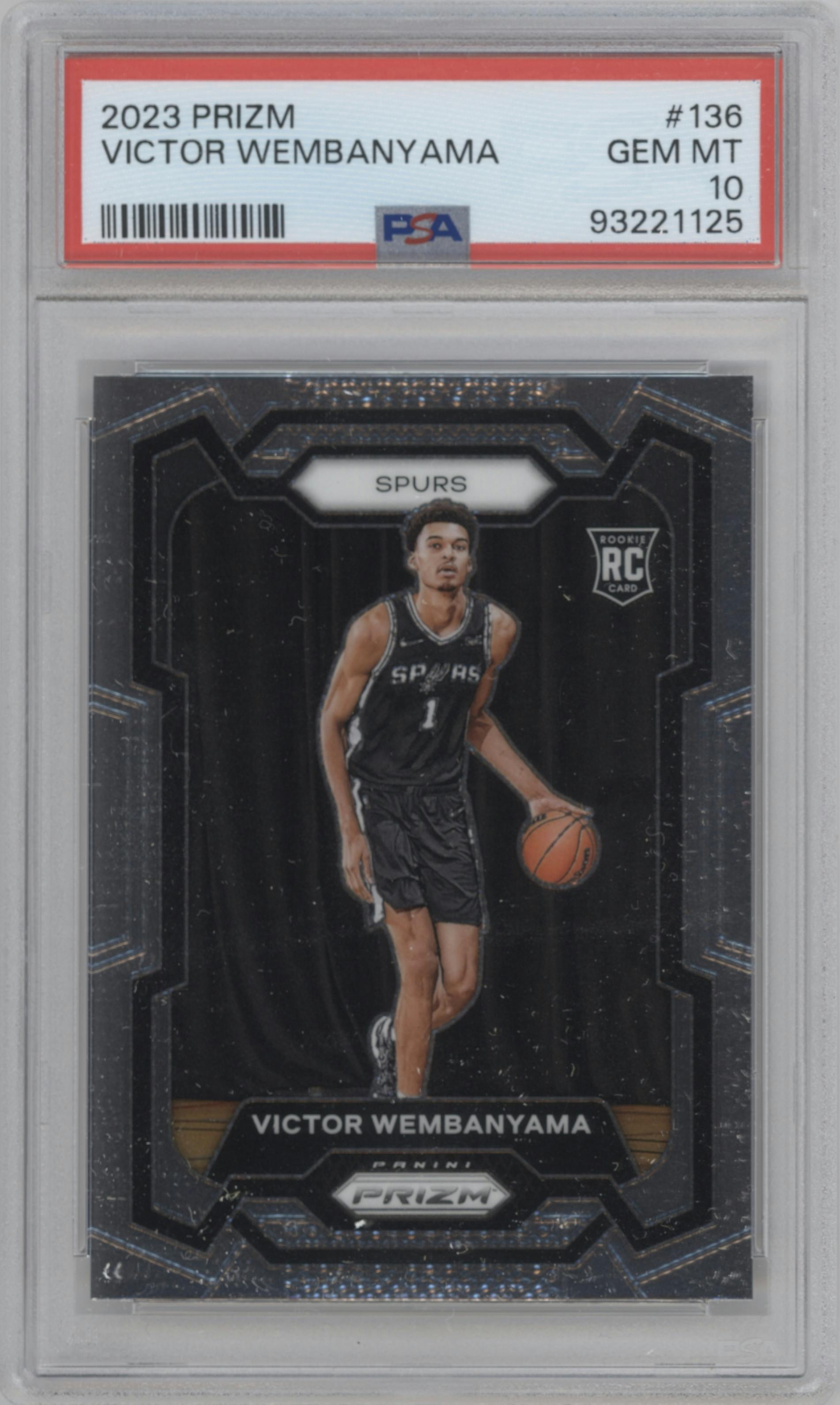 Victor Wembanyama from the 2023-24 Panini Prizm set graded by PSA and given an overall grade of 10.