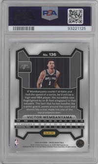 Victor Wembanyama from the 2023-24 Panini Prizm set graded by PSA and given an overall grade of 10.