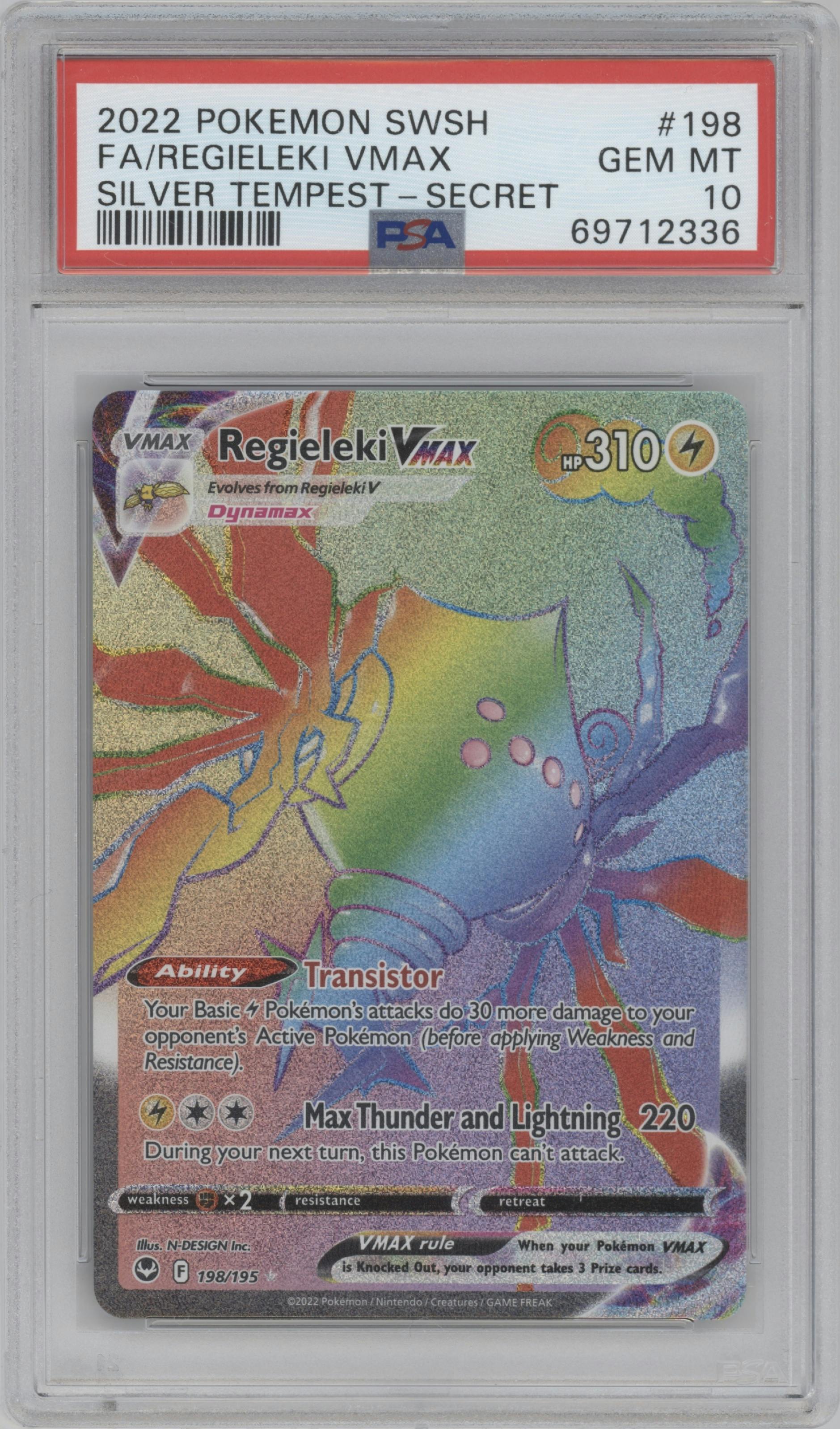Regieleki VMAX from the 2022 Pokemon SWSH set graded by PSA and given an overall grade of 10.