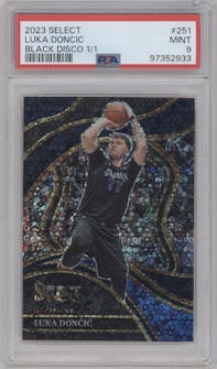 Luka Doncic from the 2023-24 Panini Select  set featuring a Black Disco Prizm parallel graded by PSA and given an overall grade of 9.