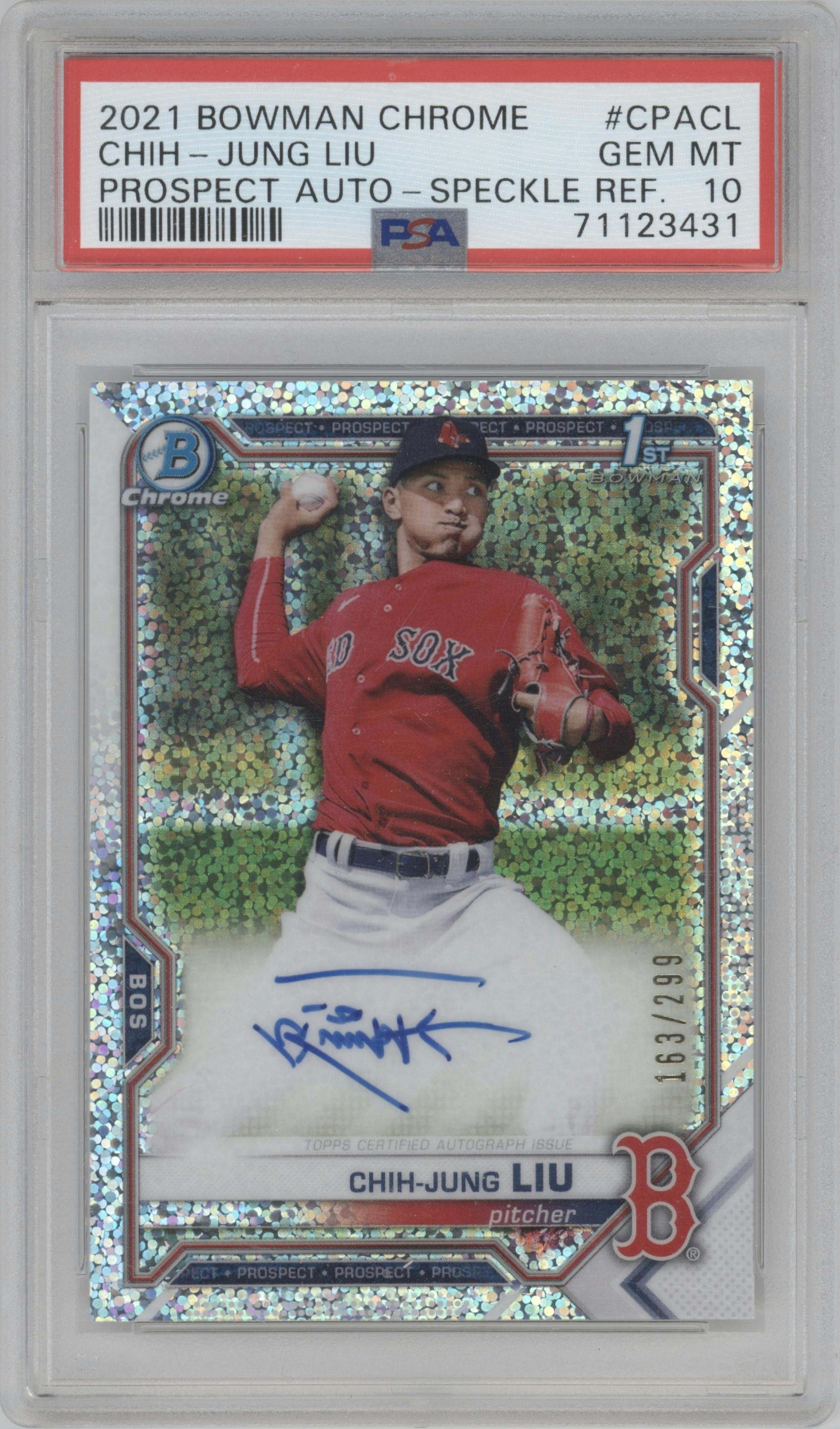 Chih-Jung Liu from the 2021 Bowman Chrome set featuring a Speckle Refractor parallel graded by PSA and given an overall grade of 10.