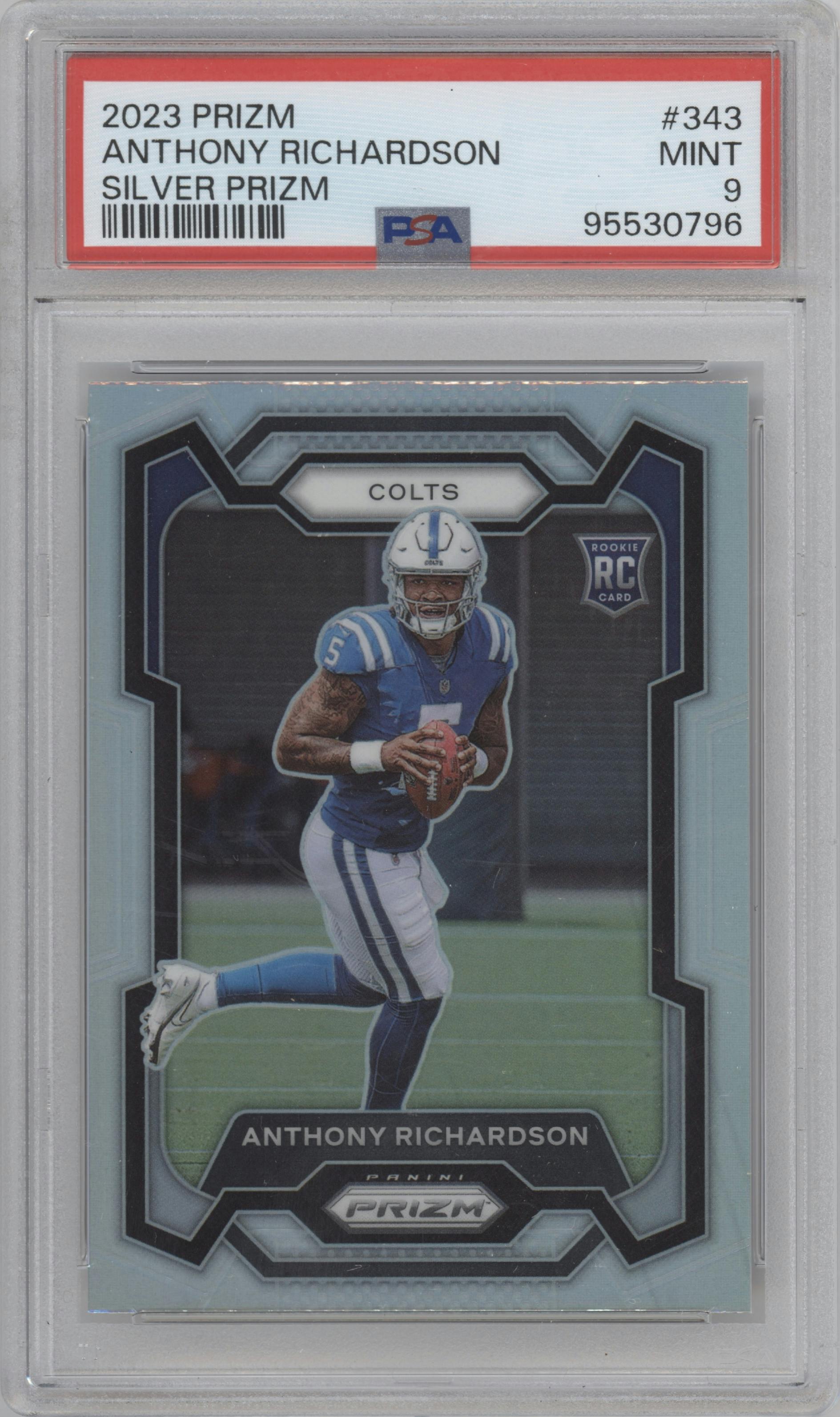 Anthony Richardson from the 2023 Panini Prizm set featuring a Silver Prizm parallel graded by PSA and given an overall grade of 9.