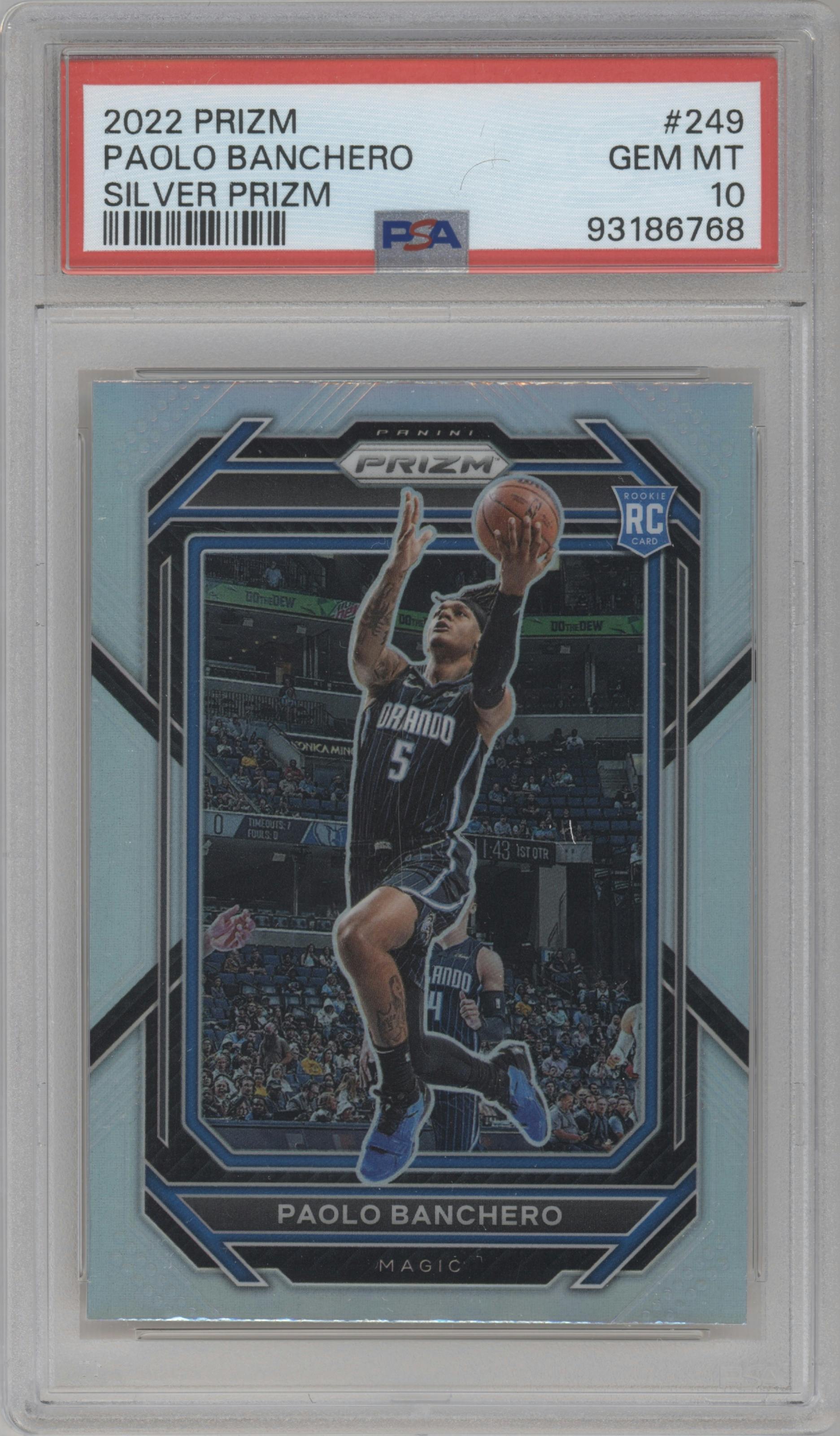 Paolo Banchero from the 2022-23 Panini Prizm  set featuring a Silver Prizm parallel graded by PSA and given an overall grade of 10.