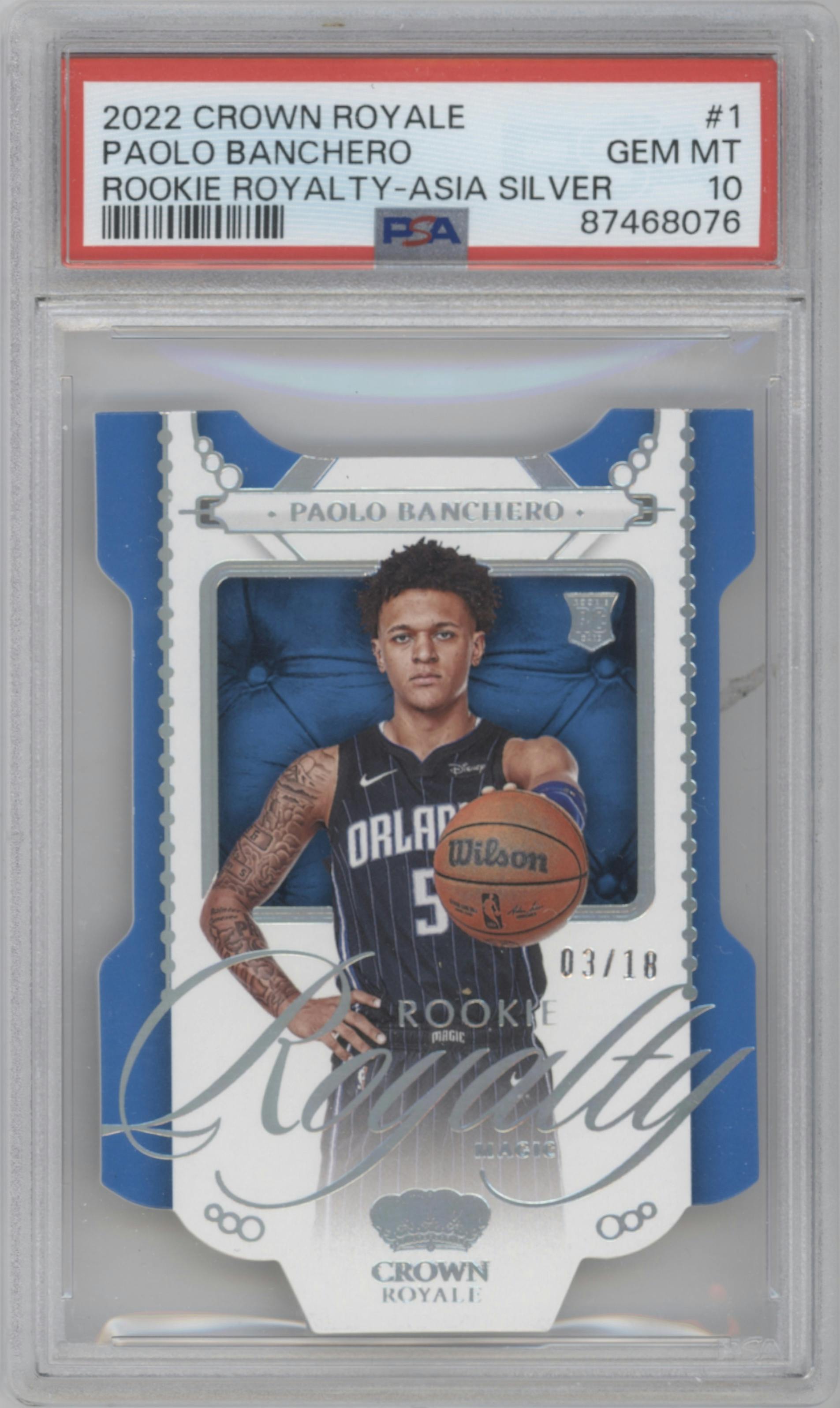 Paolo Banchero from the 2022-23 Panini Crown Royale set featuring a Asia Silver parallel graded by PSA and given an overall grade of 10.