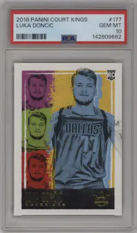 Luka Doncic from the 2018-19 Panini Court Kings set graded by PSA and given an overall grade of 10.