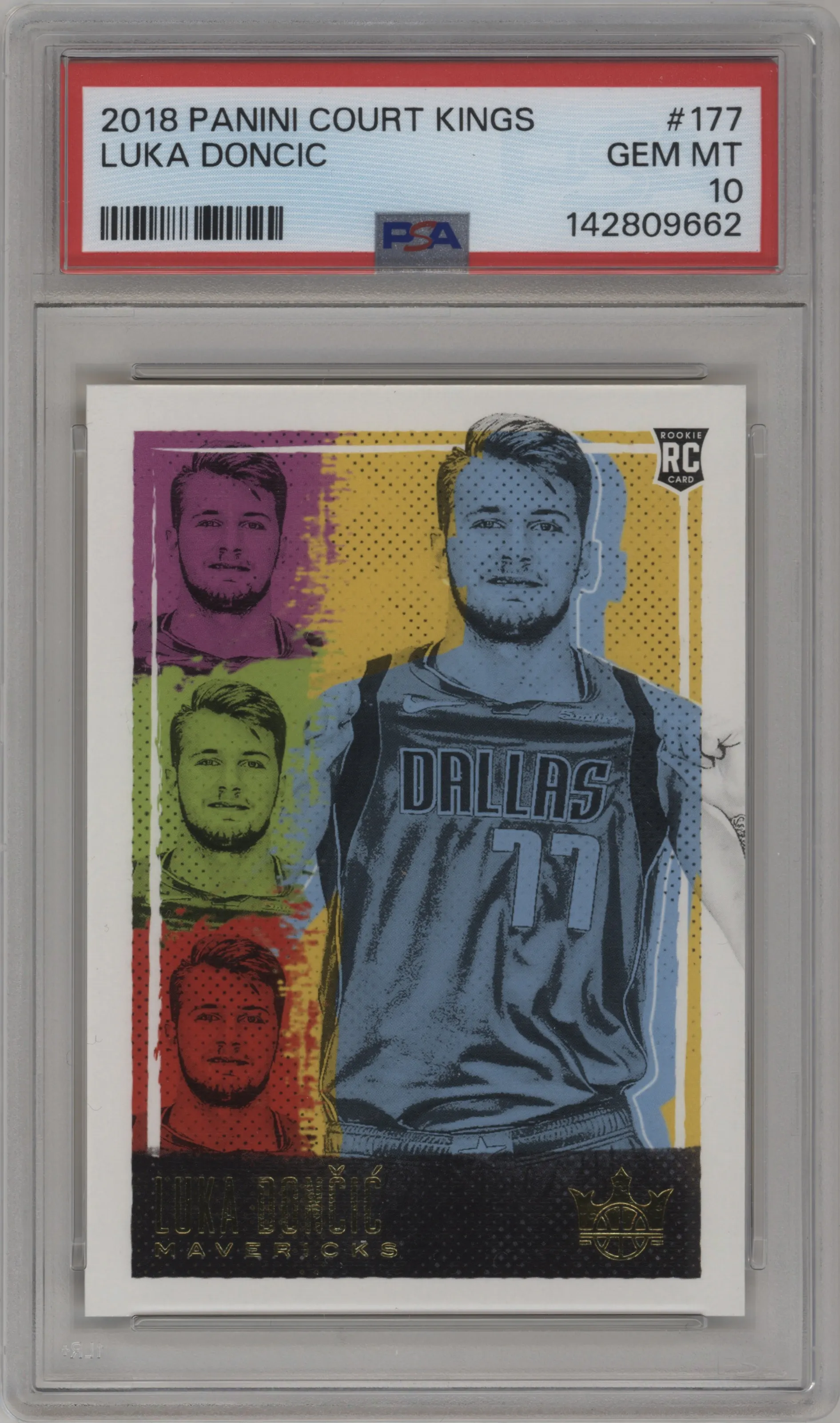 Luka Doncic from the 2018-19 Panini Court Kings  set graded by PSA and given an overall grade of 10.