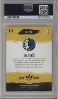 Luka Doncic from the 2018-19 Panini Court Kings set graded by PSA and given an overall grade of 10.