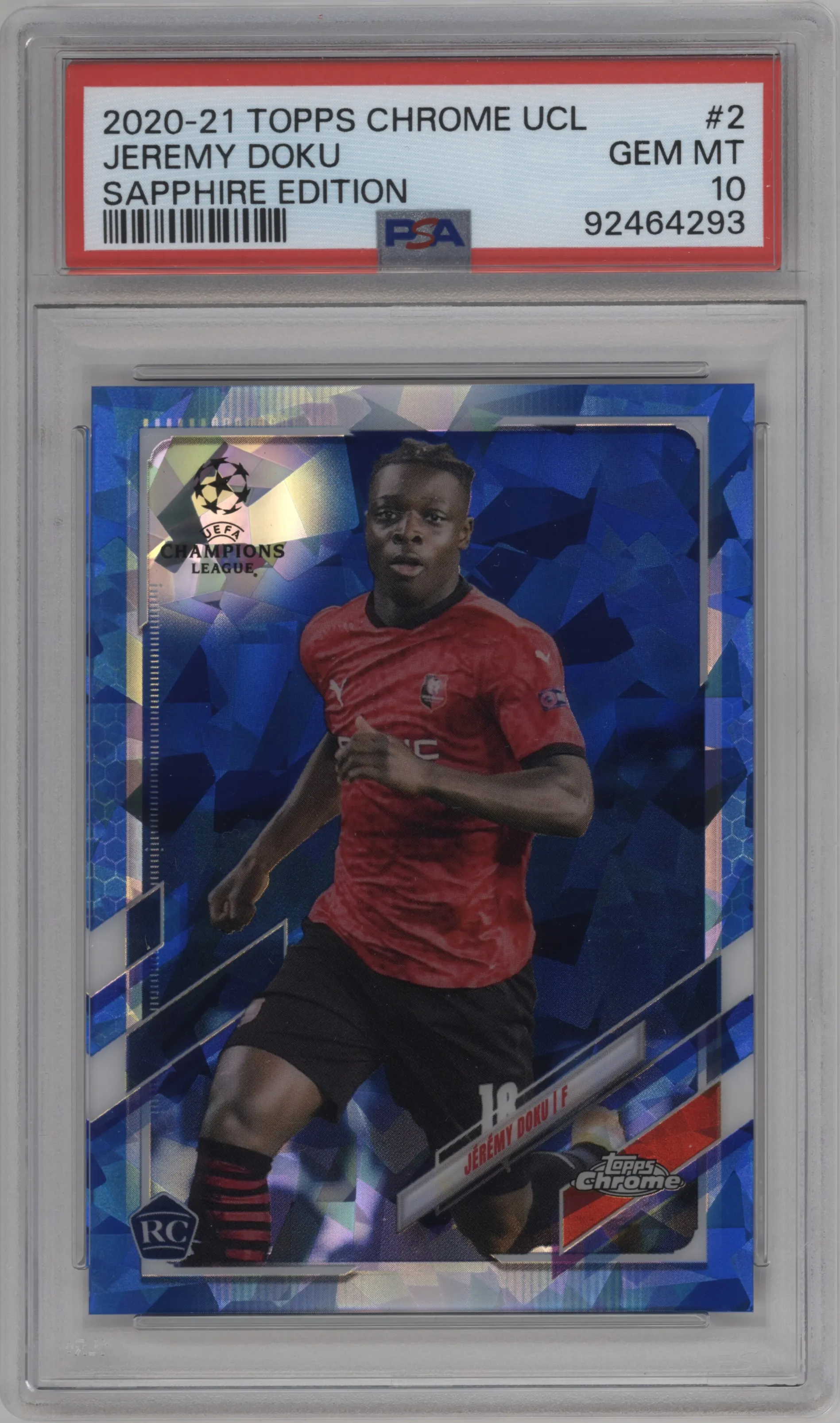 2020 Topps Chrome Sapphire Edition UEFA Champions League Jeremy Doku #2 PSA 10