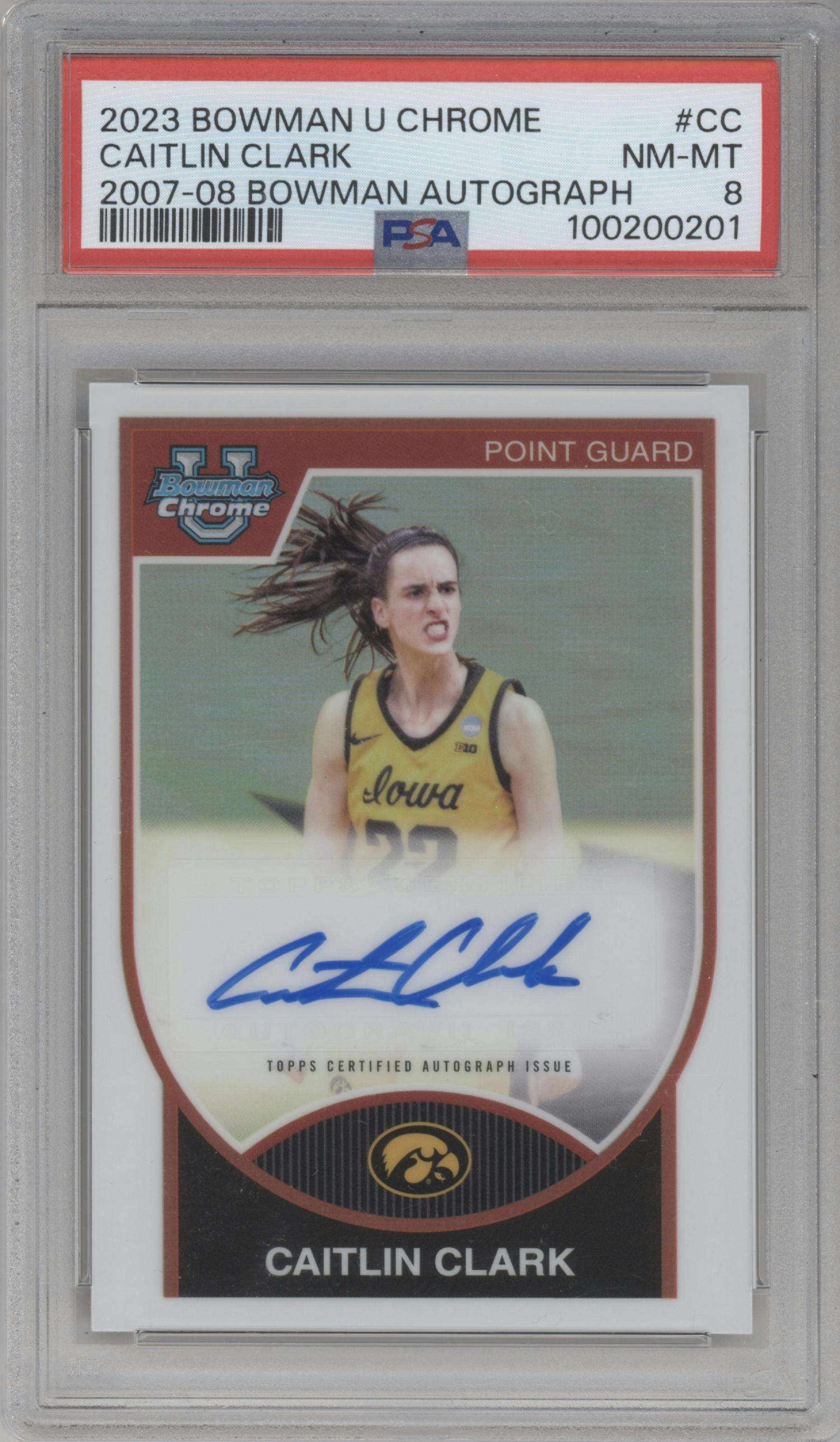Caitlin Clark from the 2023-24 Bowman U Chrome set graded by PSA and given an overall grade of 8.