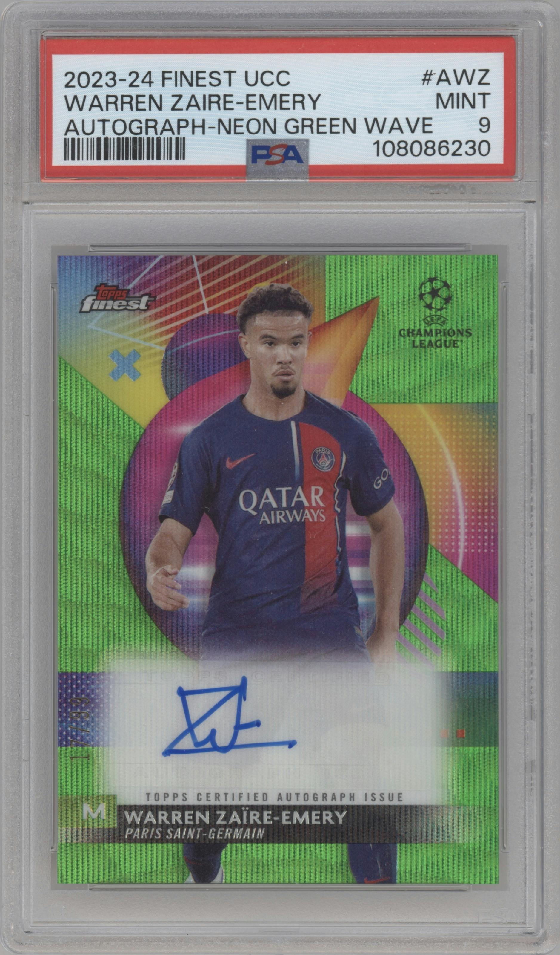 Warren Zaire-Emery from the 2023-24 Topps Finest UEFA Club Competitions set featuring a Neon Green Wave Refractor parallel graded by PSA and given an overall grade of 9.