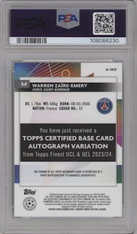 Warren Zaire-Emery from the 2023-24 Topps Finest UEFA Club Competitions set featuring a Neon Green Wave Refractor parallel graded by PSA and given an overall grade of 9.