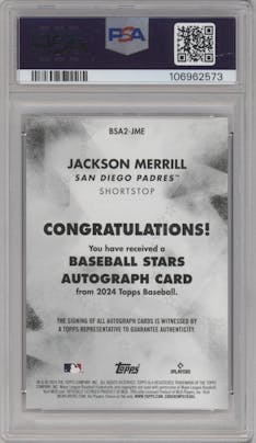 Jackson Merrill from the 2024 Topps Update set graded by PSA and given an overall grade of 10.
