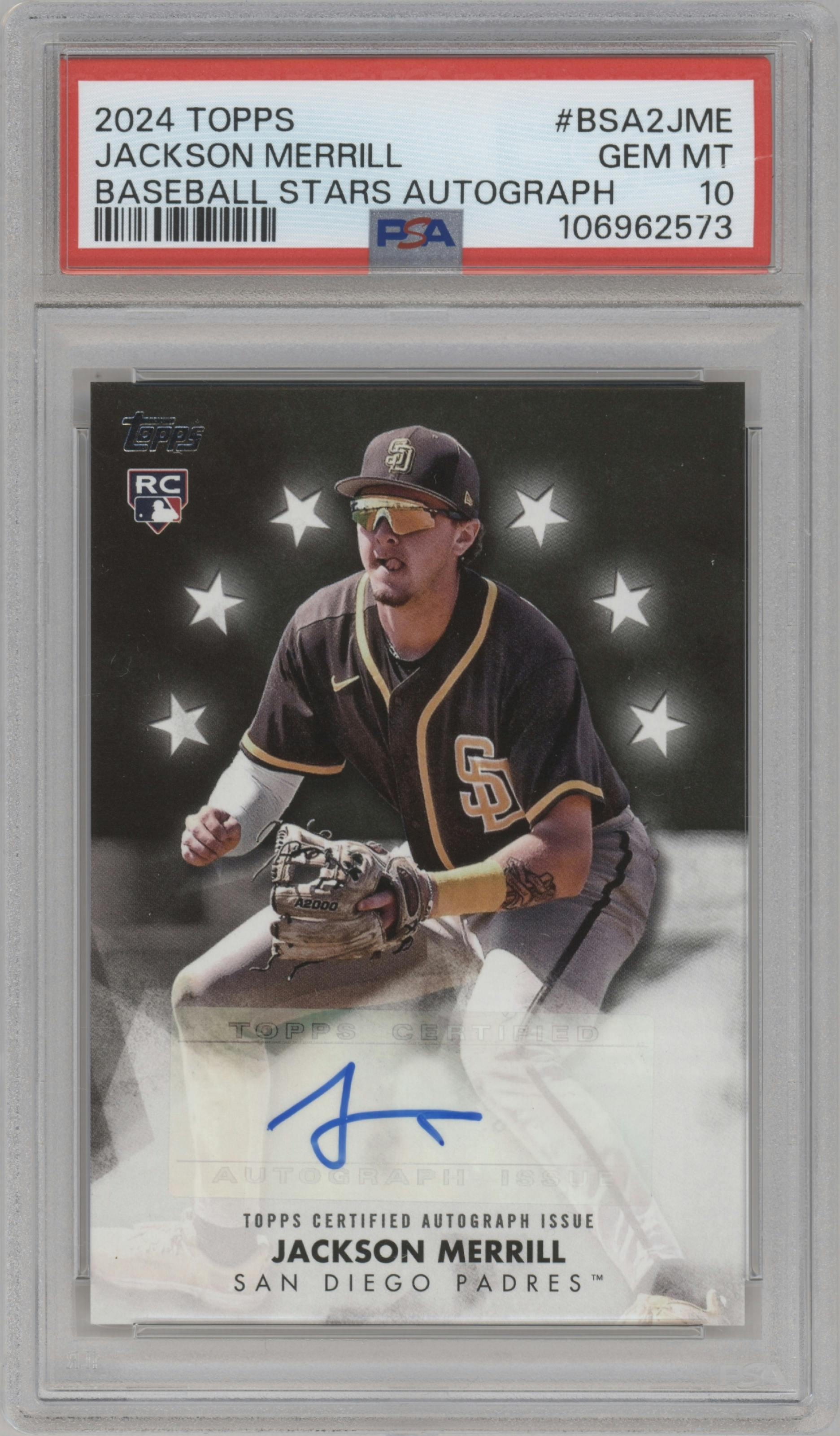 Jackson Merrill from the 2024 Topps Update set graded by PSA and given an overall grade of 10.