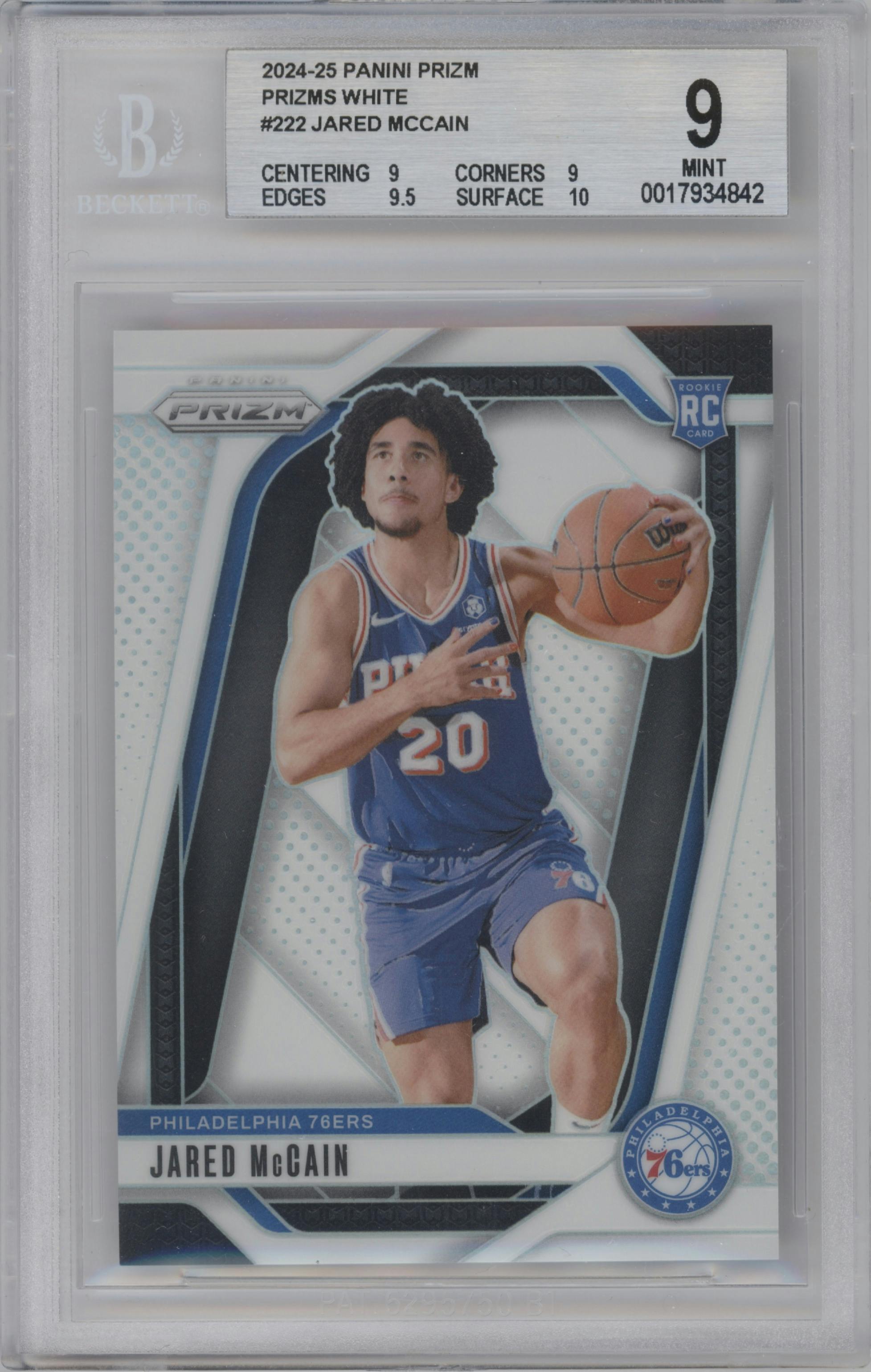 Jared McCain from the 2024-25 Panini Prizm set featuring a White Prizm parallel graded by Beckett and given an overall grade of 9.