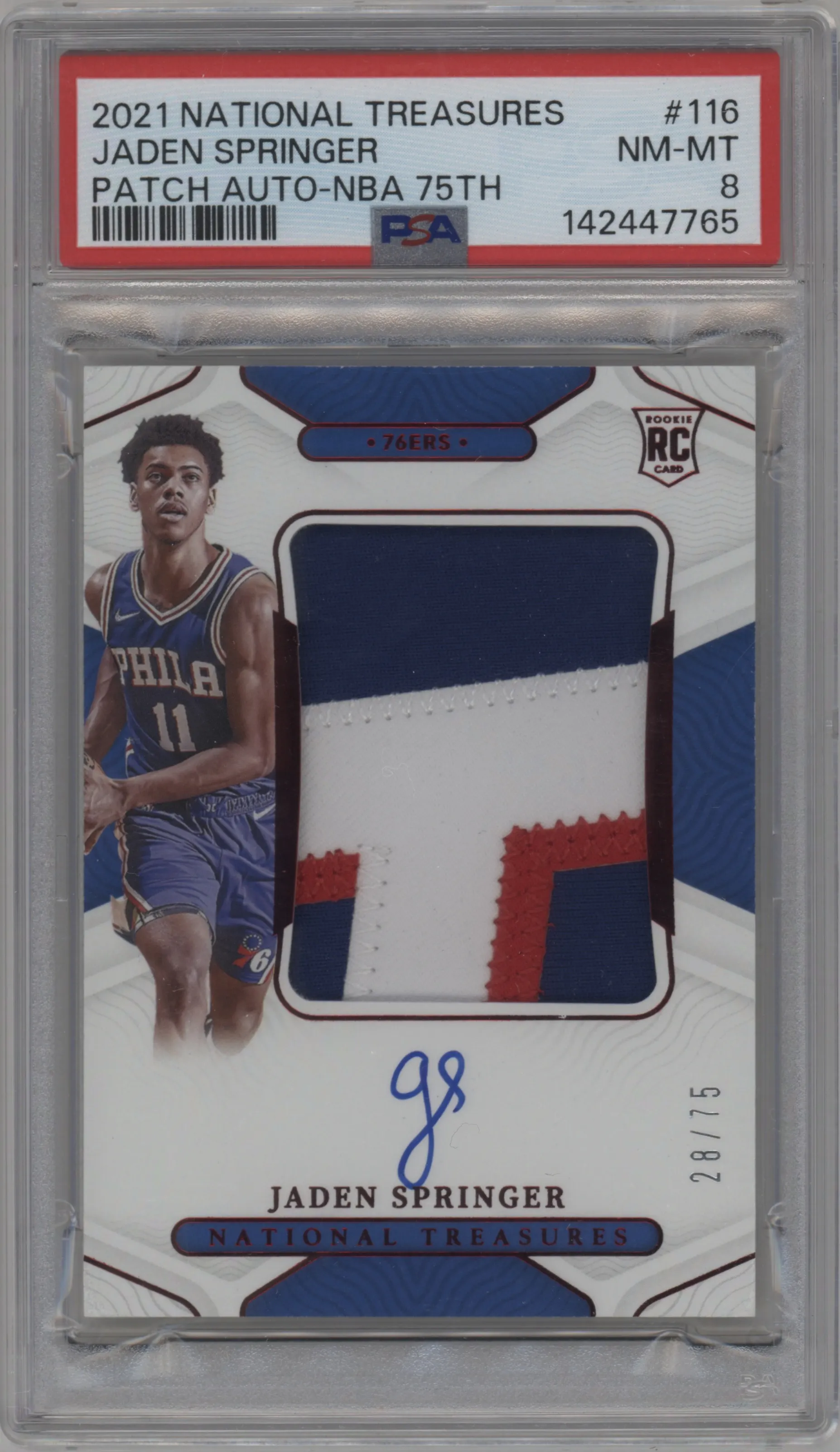 2021 Panini National Treasures RPA Jaden Springer NBA 75th #116 PSA 8