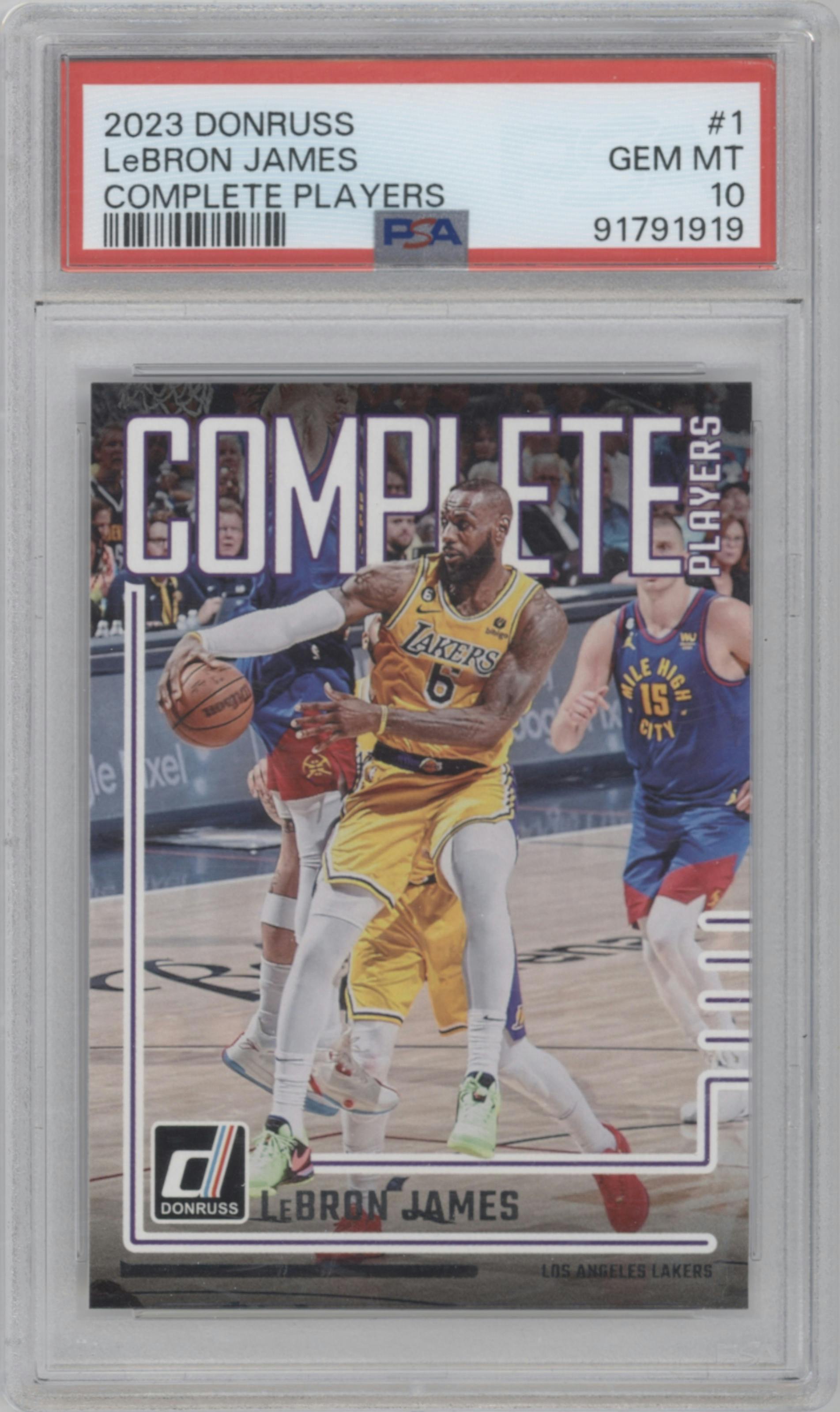 LeBron James from the 2023-24 Panini Donruss set graded by PSA and given an overall grade of 10.