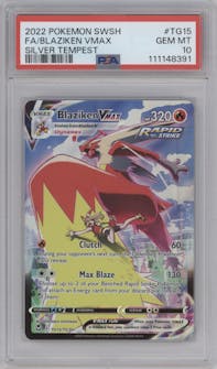 Blaziken VMAX from the 2022 Pokemon SWSH set graded by PSA and given an overall grade of 10.