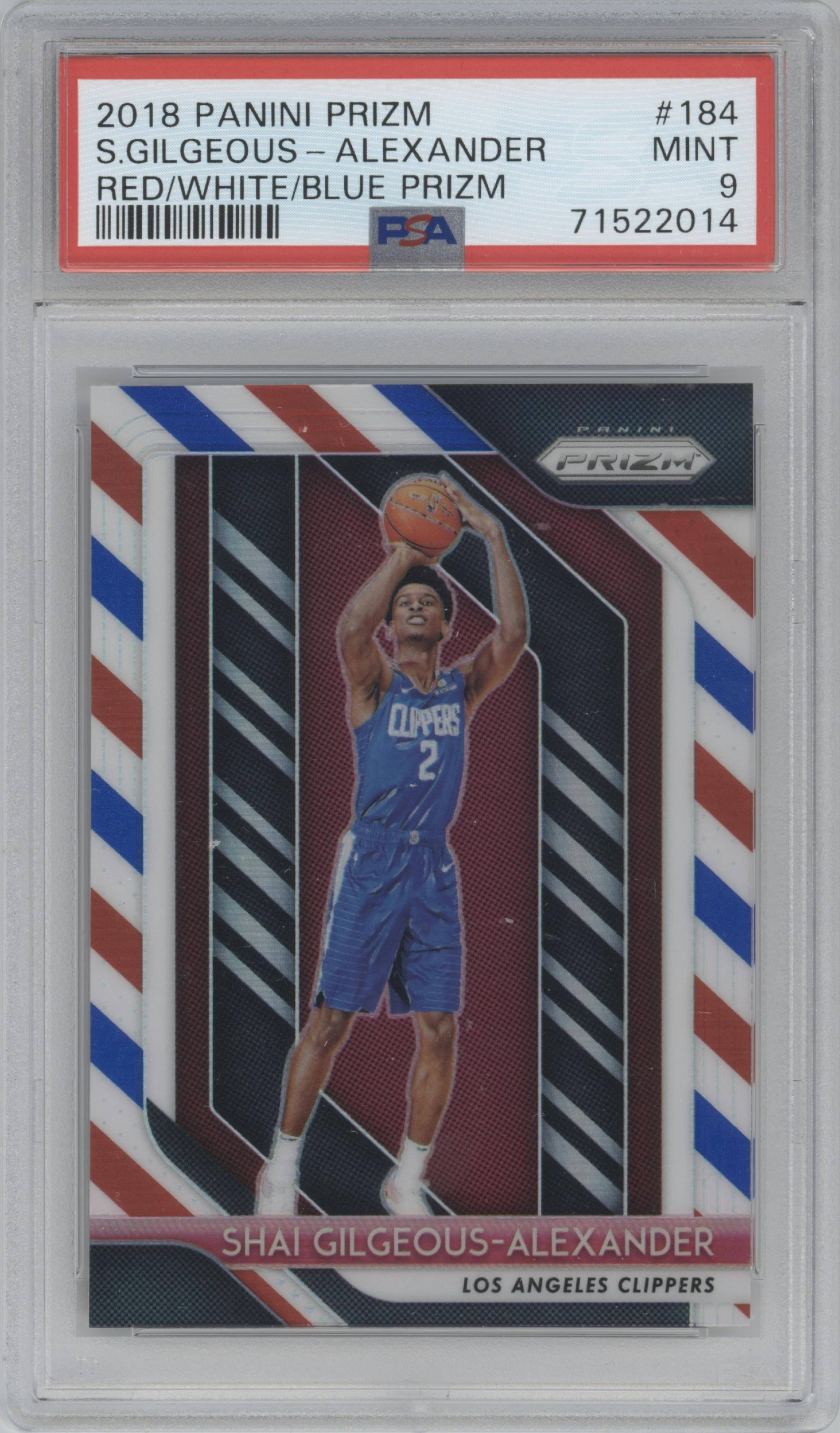 Shai Gilgeous-Alexander from the 2018-19 Panini Prizm set featuring a Red White Blue Prizm parallel graded by PSA and given an overall grade of 9.