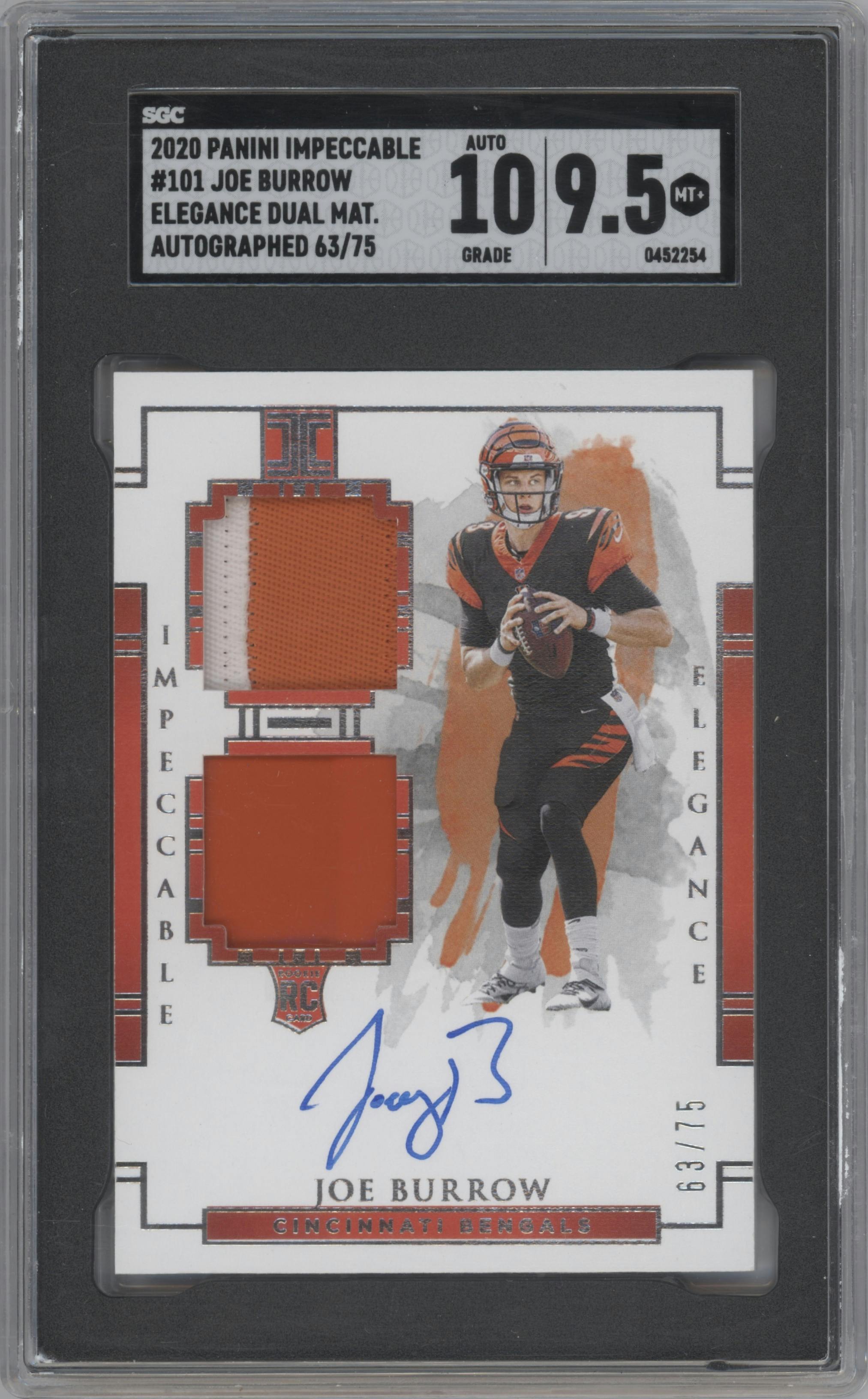 Joe Burrow from the 2020 Panini Impeccable set graded by SGC and given an overall grade of 9.5.