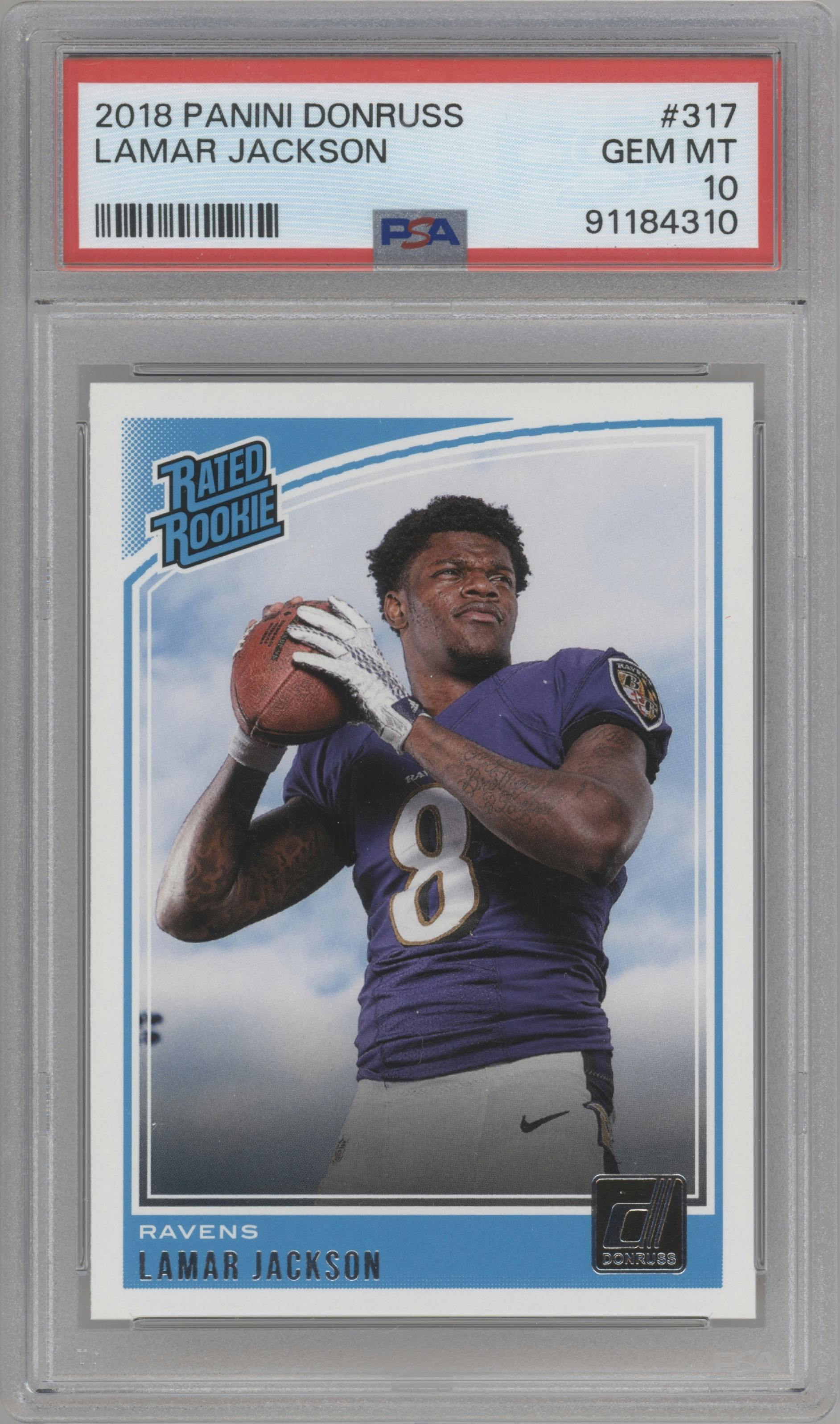 Lamar Jackson from the 2018 Panini Donruss set graded by PSA and given an overall grade of 10.