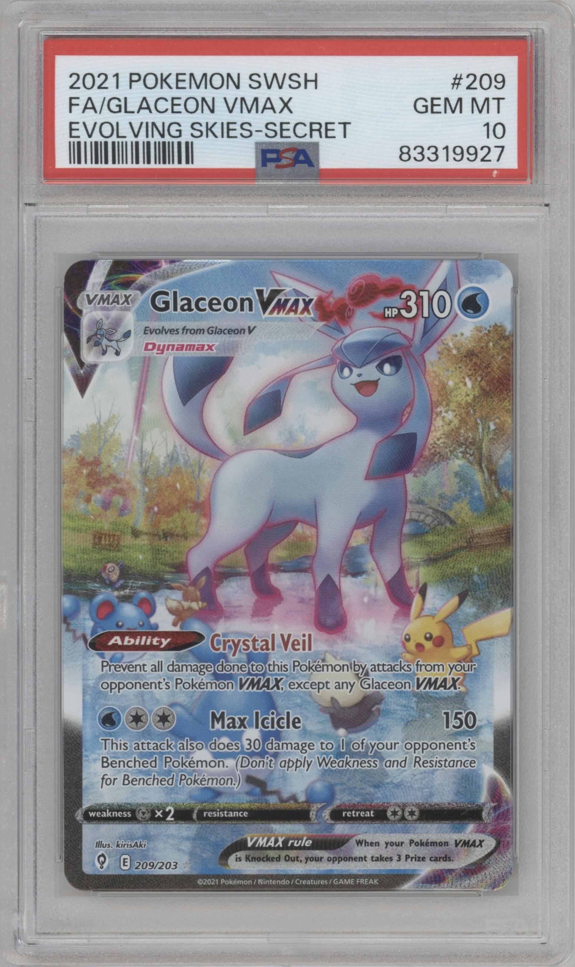 Glaceon VMAX from the 2021 Pokemon SWSH set graded by PSA and given an overall grade of 10.